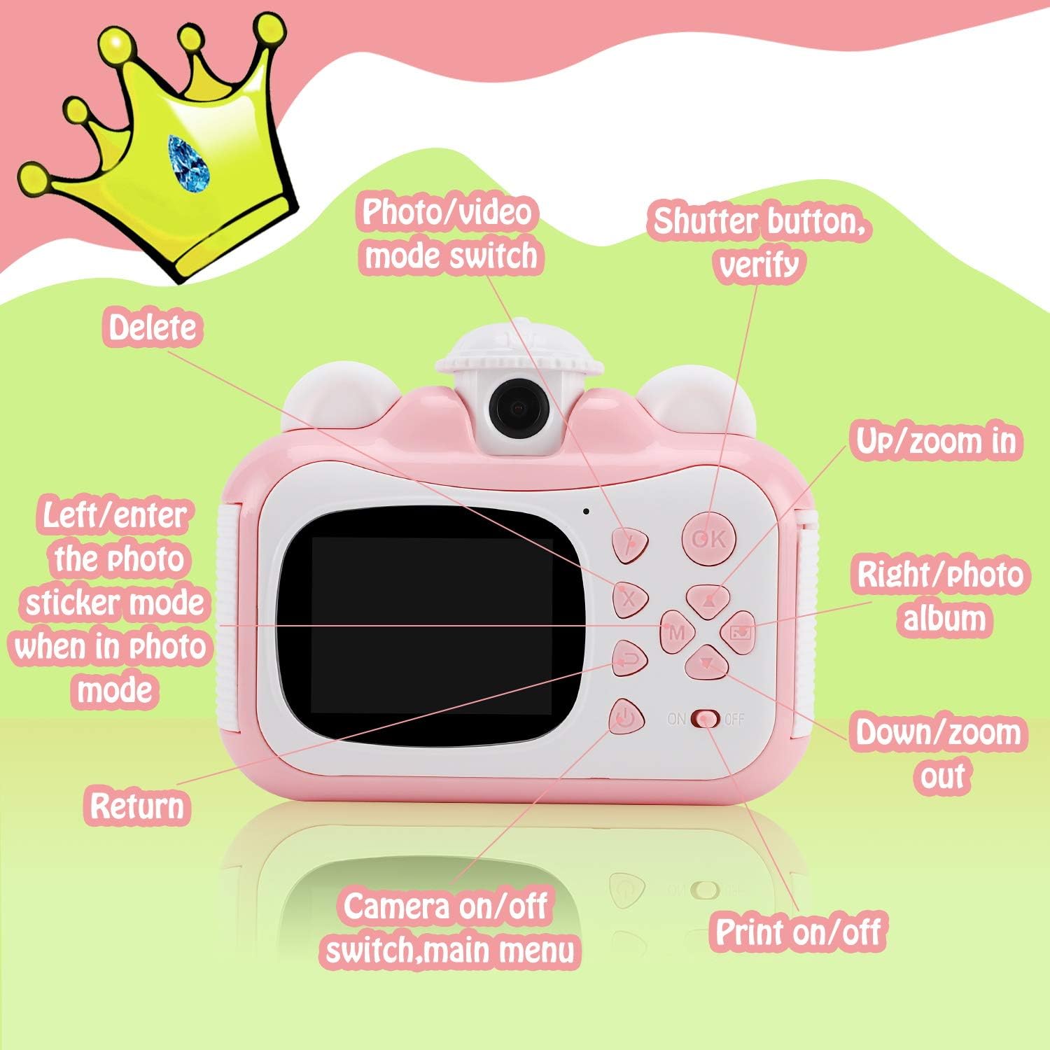Barchrons Instant Print Digital Kids Camera 1080P Rechargeable Kids Camera for Girls Video Camera with 32G SD Card Gift for 6-12 Years Old Girls Boys Merry Christmas
