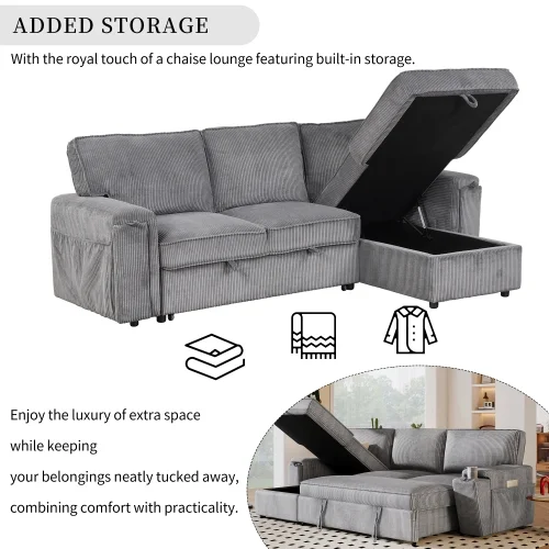 EUROCO 96.1" L-Shape Convertible Sleeper Sectional Sofa with Pull-Out Bed ,Storage Chaise and 2 Cup Holders, Corduroy Upholstered Reversible Corner 3 Person Couch, for Living Room, Apartment,Gray
