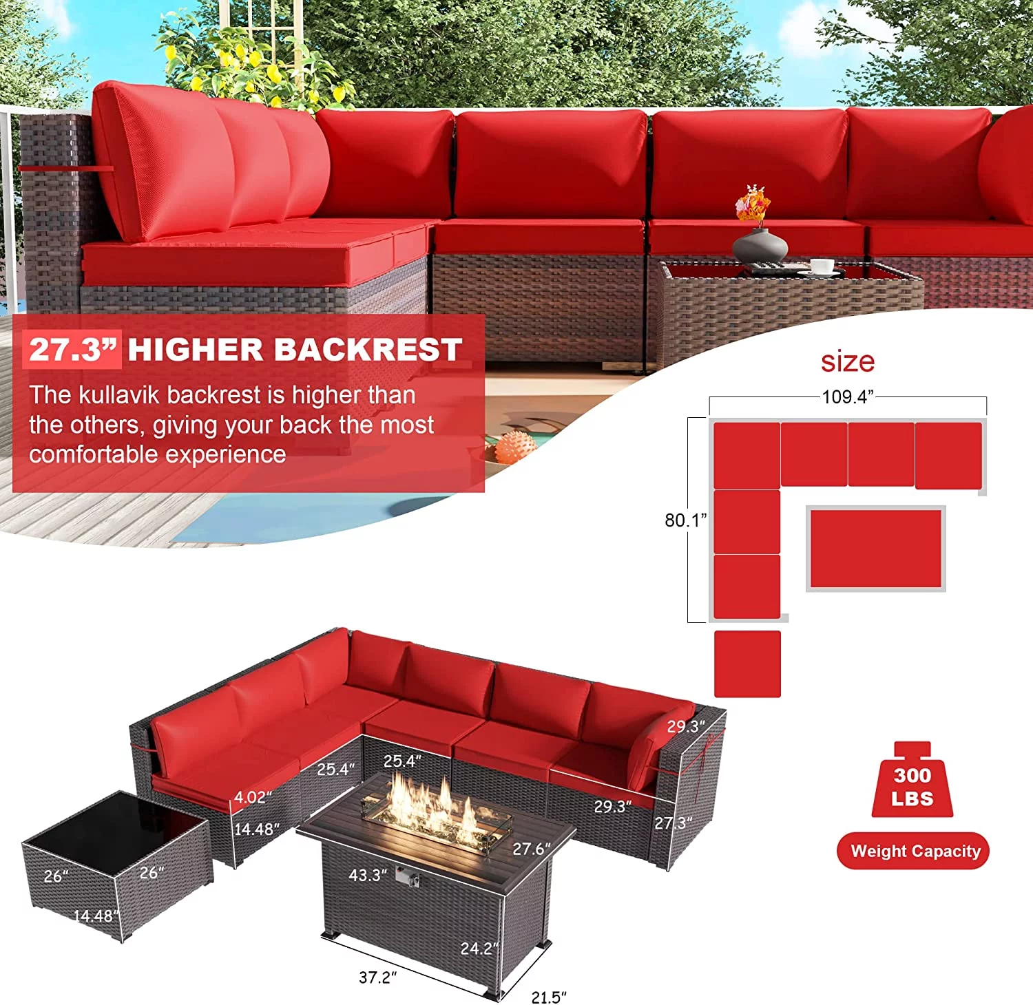 ALAULM 8 Pieces Outdoor Furniture Set with 43" Gas Propane Fire Pit Table PE Wicker Rattan Sectional Sofa Patio Conversation Sets,Red