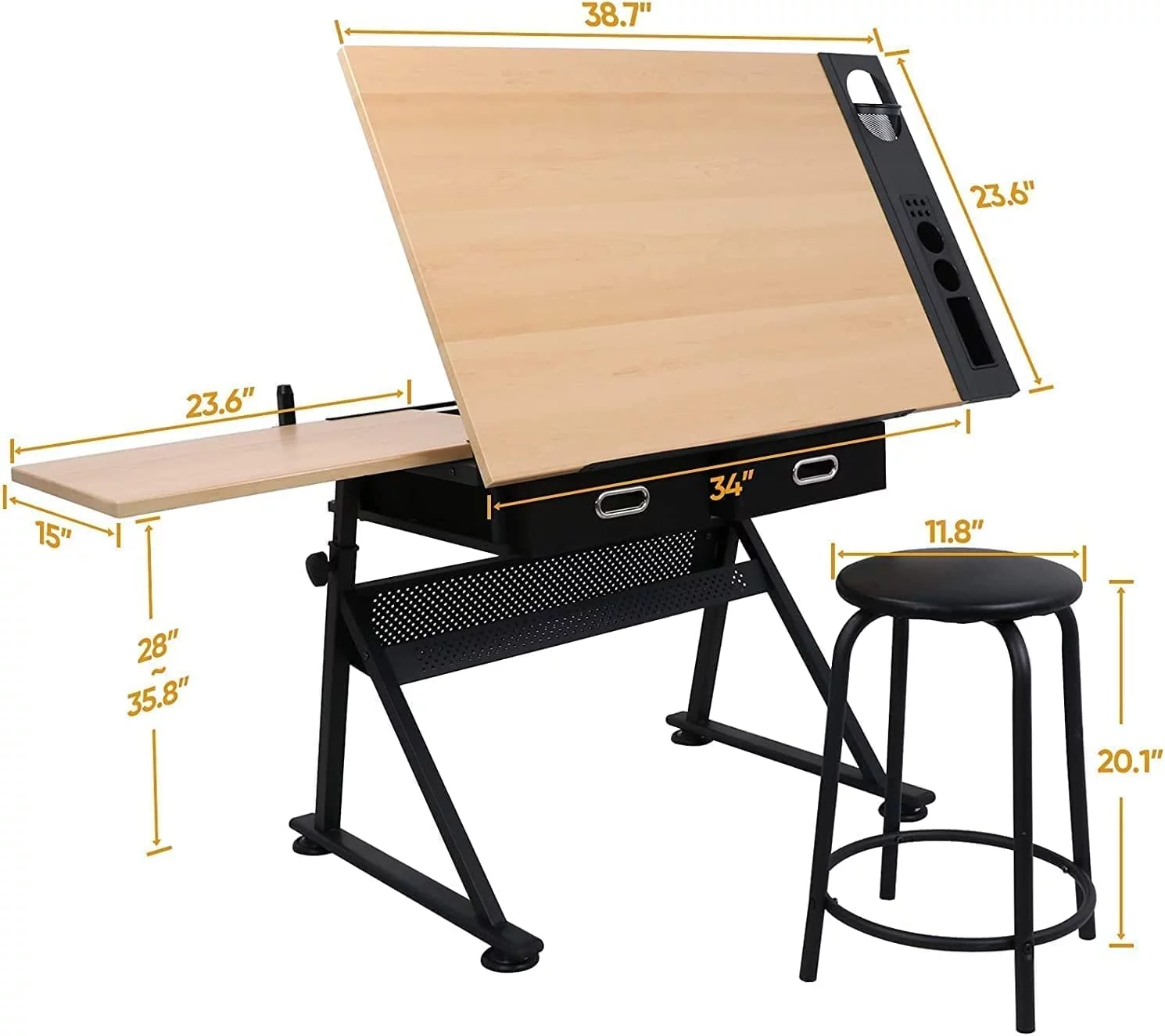 MDF Drafting Table Desk Art&Craft Work Station Drawing Desk Height Adjustable Craft Table w/Stool and 2 Storage Drawers for Home Office School Study Room
