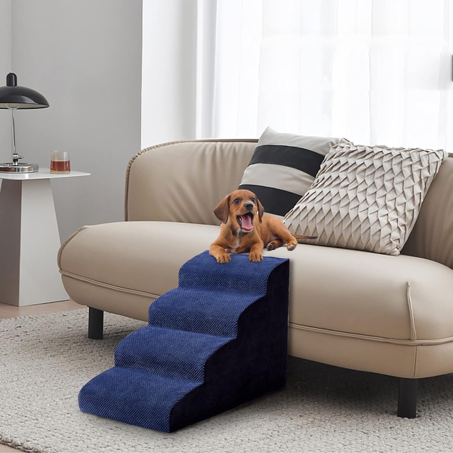 MALOROY 2 Tiers Foam Dog Ramps, Dog Ladder Pet Ramp Stairs Non-Slip Pet Step for Older Dogs and Pets with Joint Pain, Sofa Bed Ladder for Cats（Navy Blue）
