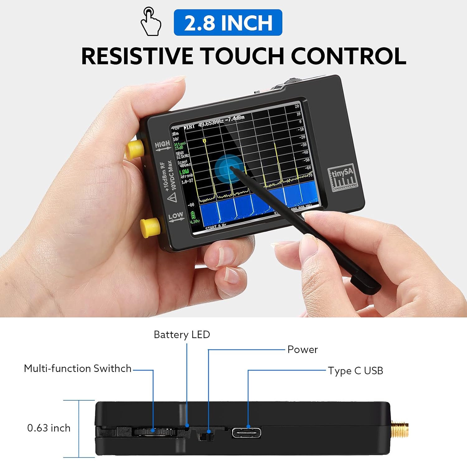 Portable TinySA Spectrum Analyzer, SEESII Upgraded V0.3.1 Tiny Frequency Analyzer with Antenna SMA Male to UHF Female Cables, 100kHz to 960MHz MF/HF/VHF UHF Input, 2.8'' Touchscreen Signal Generator