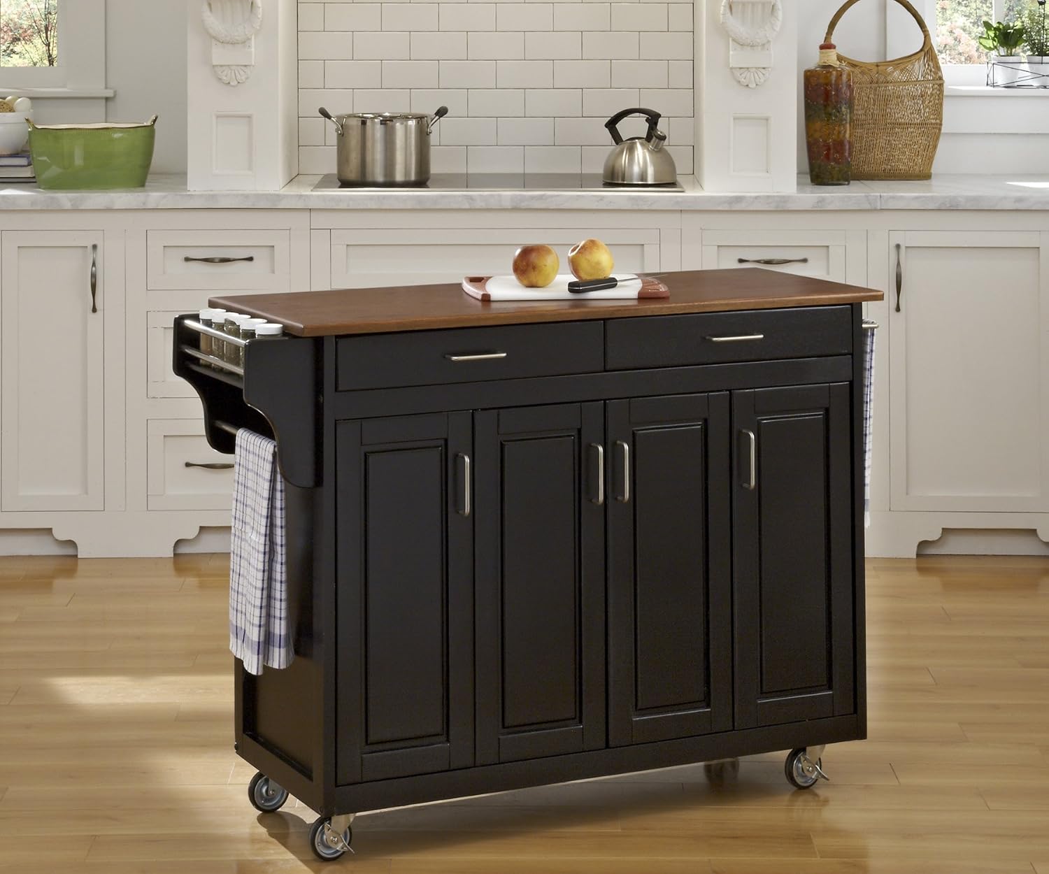 Home Styles Mobile Create-a-Cart White Finish Four Door Cabinet Kitchen Cart with Black Granite Top, Adjustable Shelving
