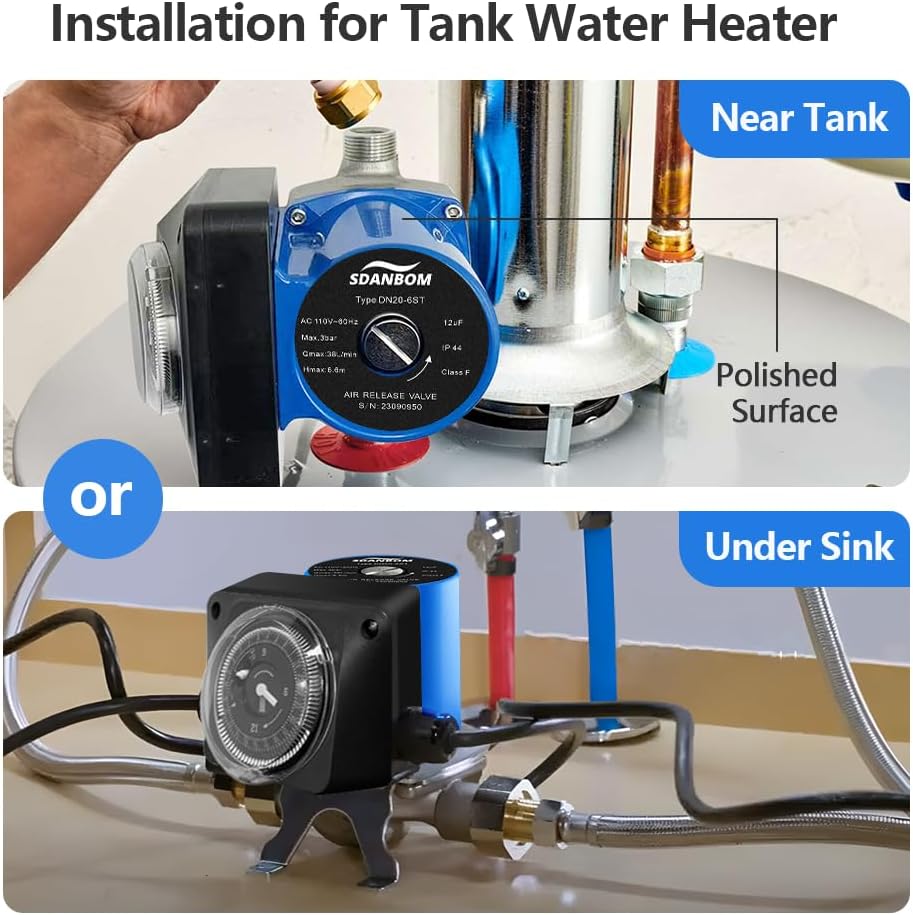 Hot Water Recirculating Pump - 100W Instant Water Heater Pump with Timer for Tank/Electric Water Heaters, Extremely Quiet