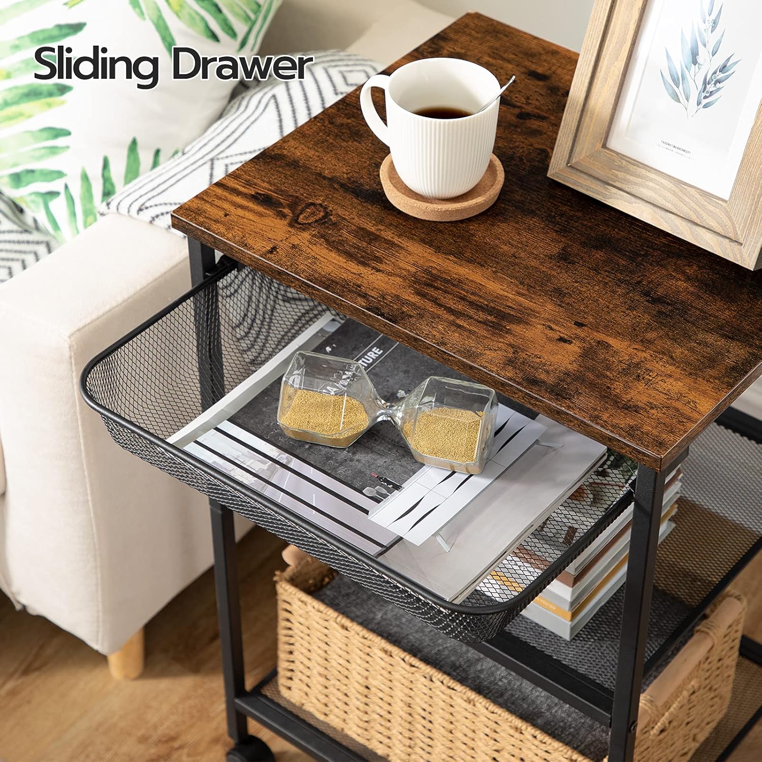 HOOBRO Mobile Printer Stand, 3-Tier Printer Cart with Storage Shelf, Adjustable Metal Mesh Basket, Machine Cart on Wheels, Industrial Style in Home Office, Rustic Brown and Black BF23PS01