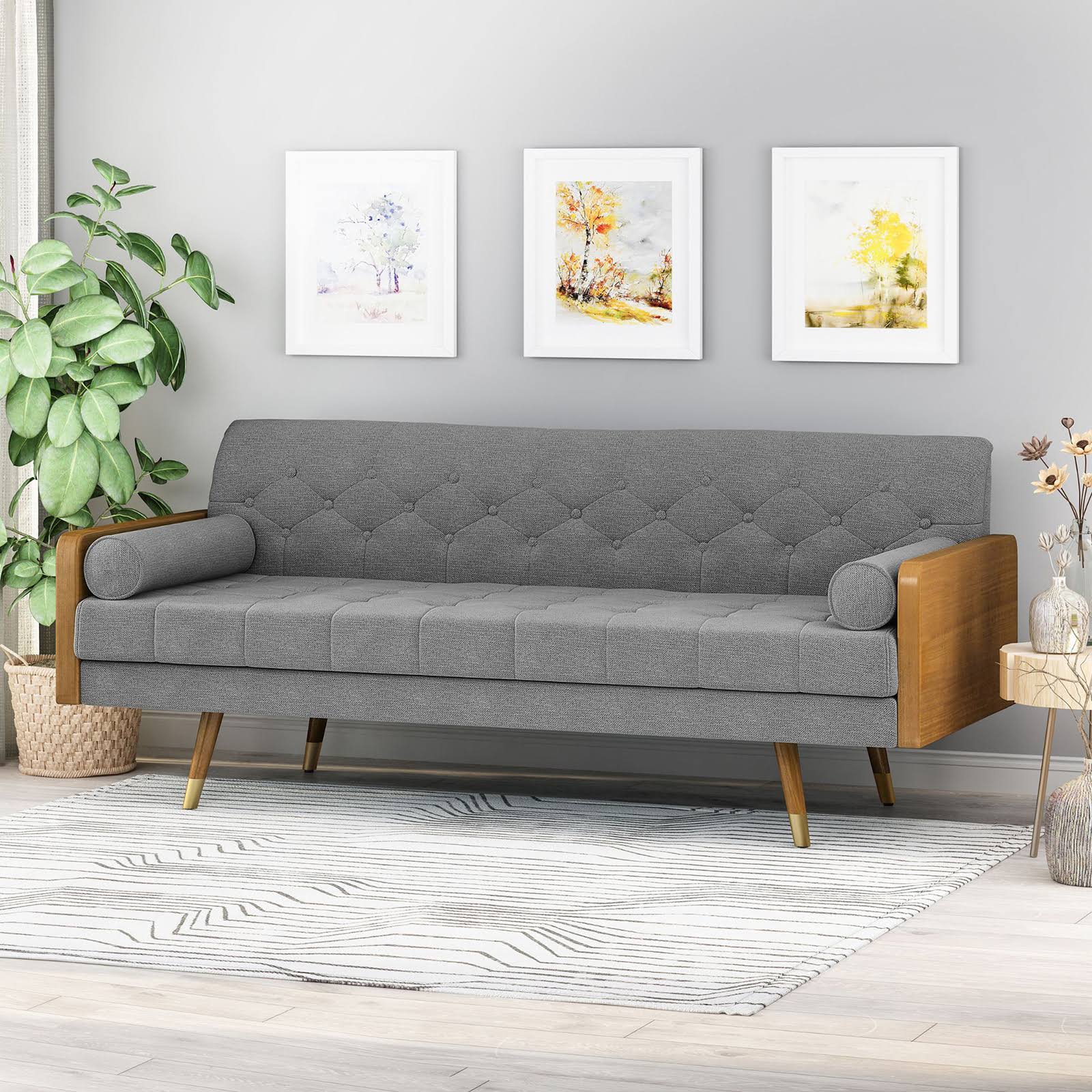Noble House Jalon Mid Century Sofa in Gray