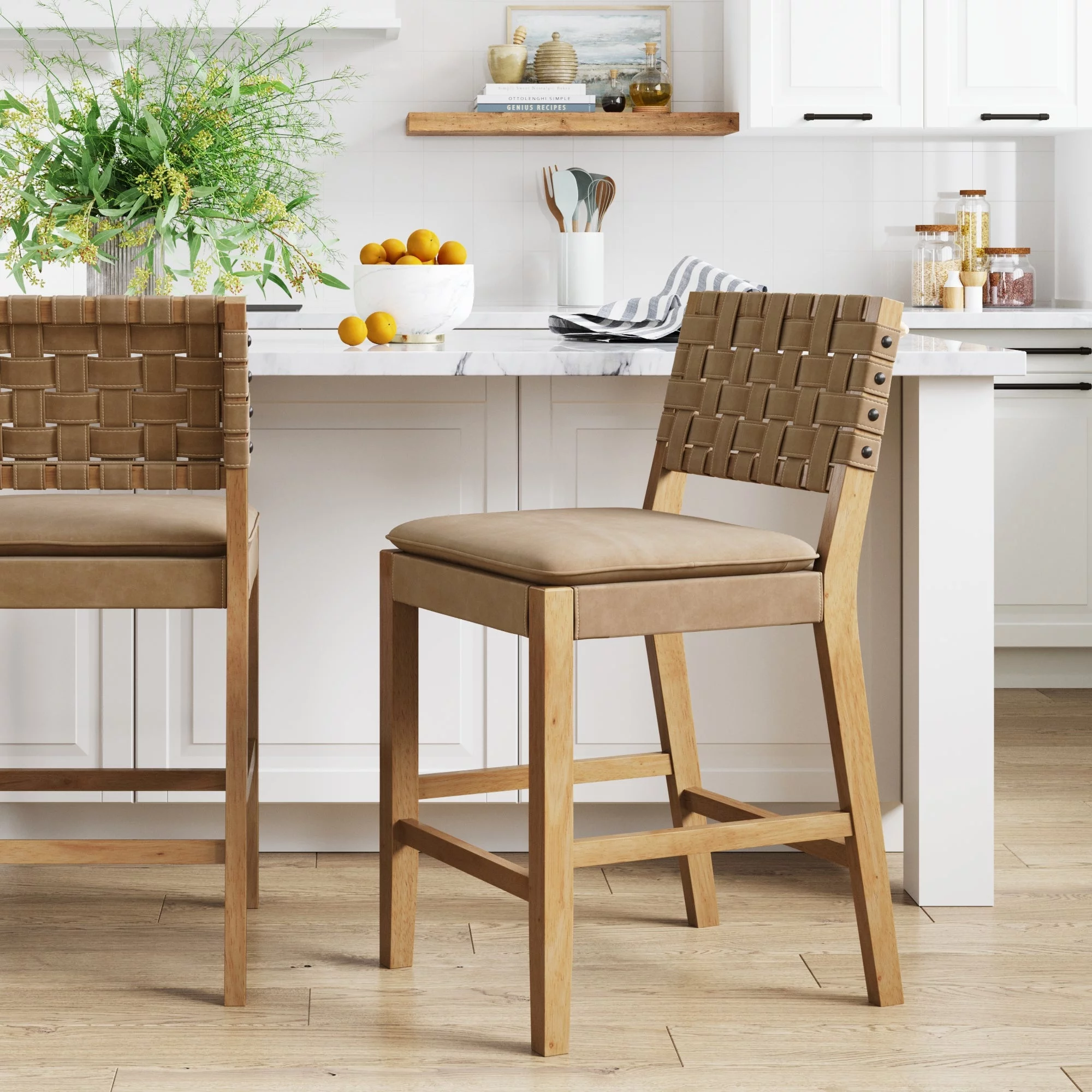 Nathan James Cohen Mid-Century Modern Leather Bar Stool, Counter Height Chair in Solid Wood Frame with Footrest and Woven Leather Back for Kitchen
