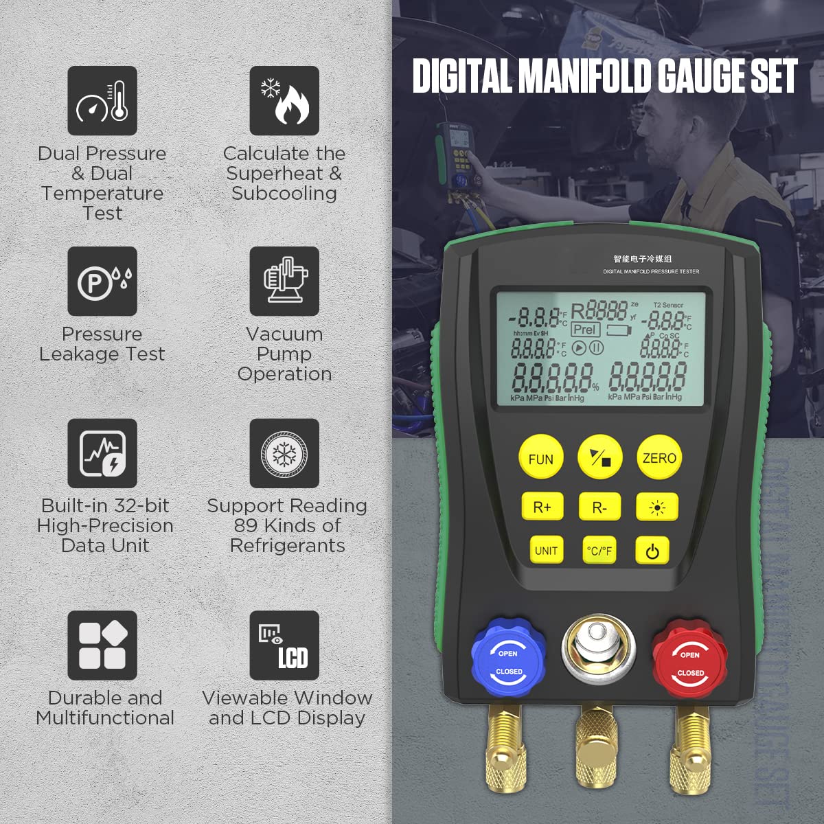 Digital Manifold Gauge Set HVAC Dual-Channel Temp Sensor HVAC Tools for 89 Kind of Refrigerant Digital AC Gauges Vacuum Pressure&Temp Test Digital HVAC Gauges with Hoses Digital Refrigeration Gauge
