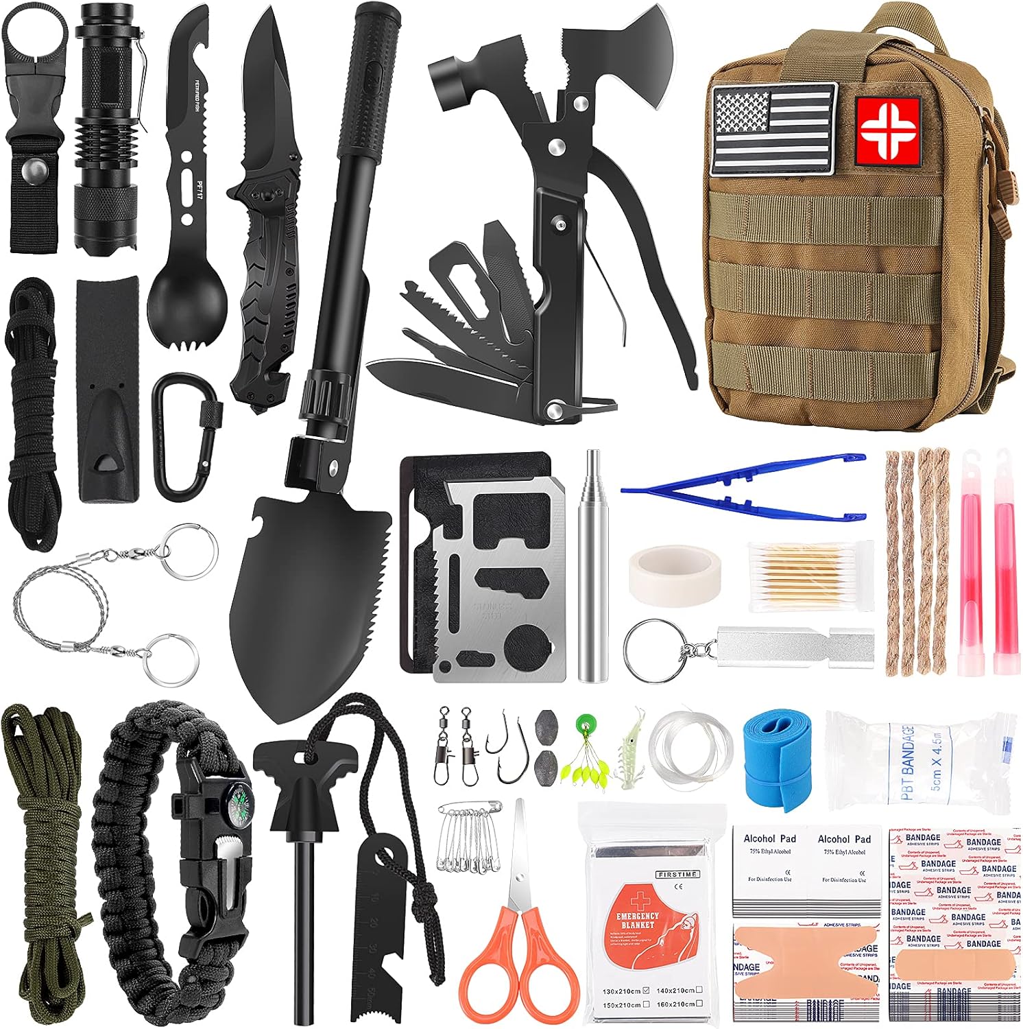 Emergency Survival Kit and First Aid Kit, 142Pcs Professional Survival Gear and Equipment with Molle Pouch, for Men Camping Outdoor Adventure