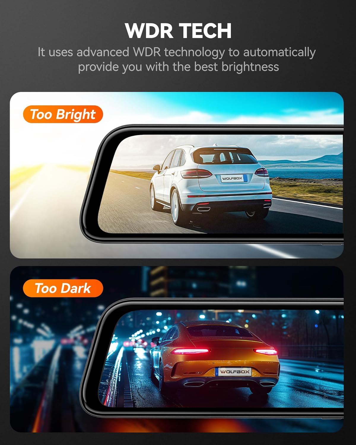 WOLFBOX G840S 12" 4K Mirror Dash Cam Backup Camera, 2160P Full HD Smart Rearview Mirror for Cars & Trucks, Front and Rear View Dual Cameras, Night Vision, Parking Assistance, Free 32GB Card & GPS