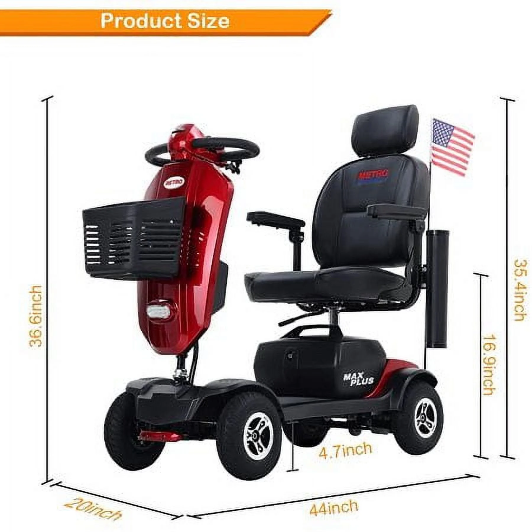 Mobility Scooter 4 Wheels LED Lights USB Port Extra Long Range for Seniors Adults Red