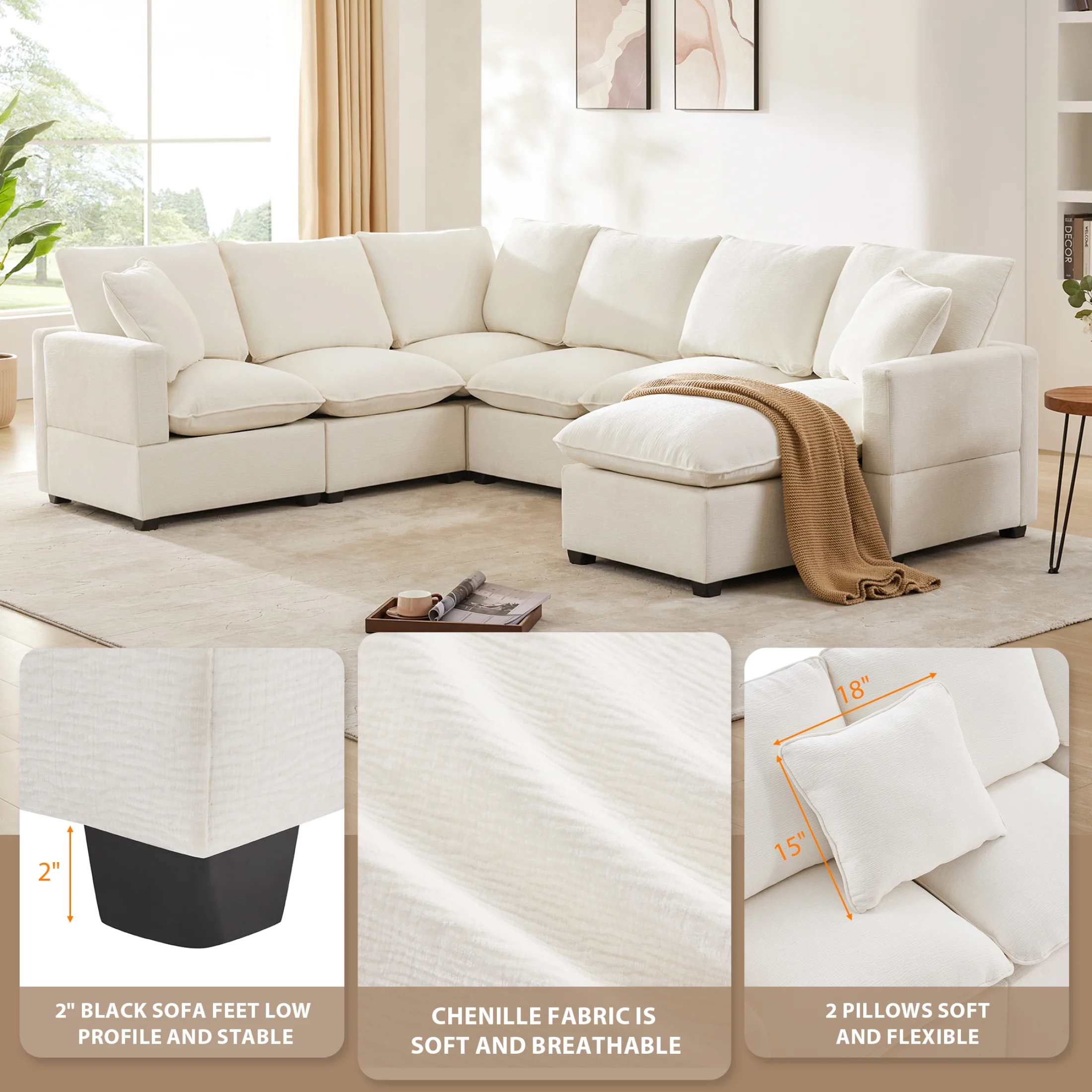 [VIDEO provided] [New] 110*84" Modern U Shape Modular Sofa, 7 Seat Chenille Sectional Couch Set with 2 Pillows Included, Freely Combinable Indoor Funiture for Living Room, Apartment, Office, 2 Colors