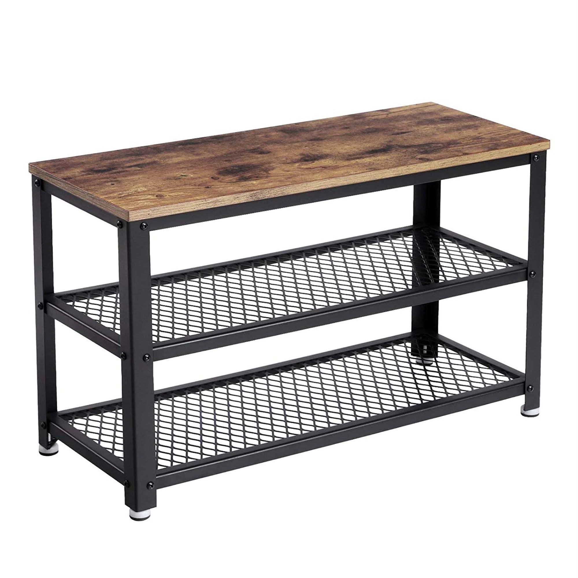 Vintage Wood and Metal Shoe Rack with 2 Mesh Shelves Black and Brown - Megean