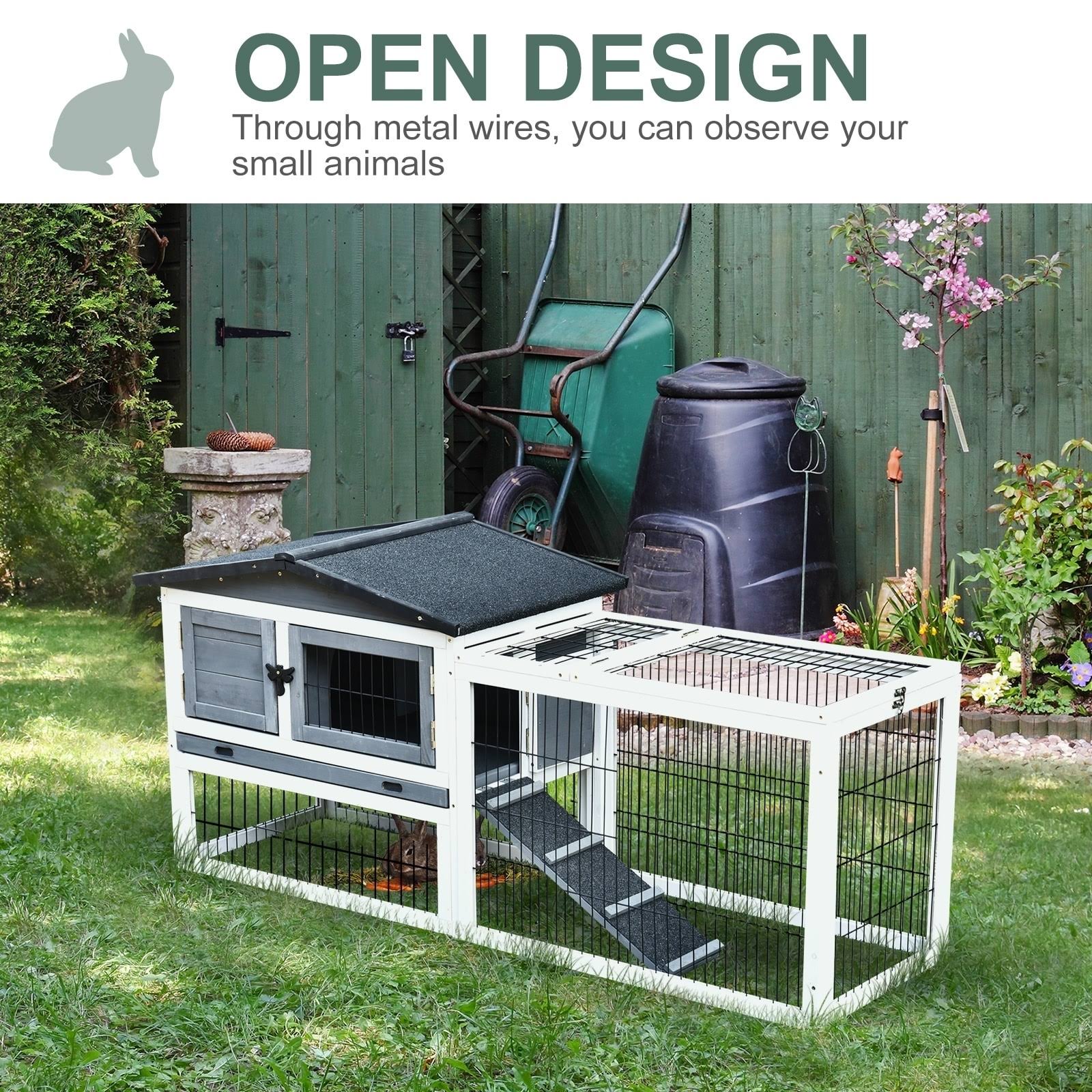 PawHut Solid Wood Rabbit Hutch with 2 House Levels and Patio Space, Strong Black Metal Cage WIRE, and Easy Clean Tray