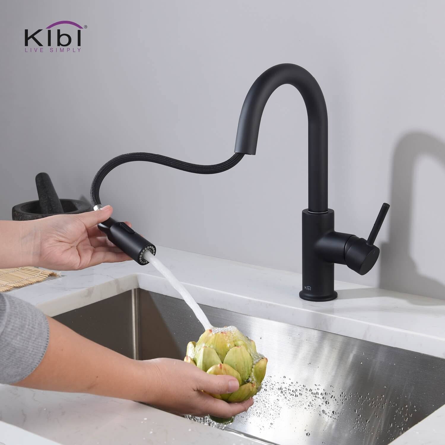 KIBI Single-Hole Pull-Down Nickel Kitchen Faucet with Sprayer and Magnetic Docking