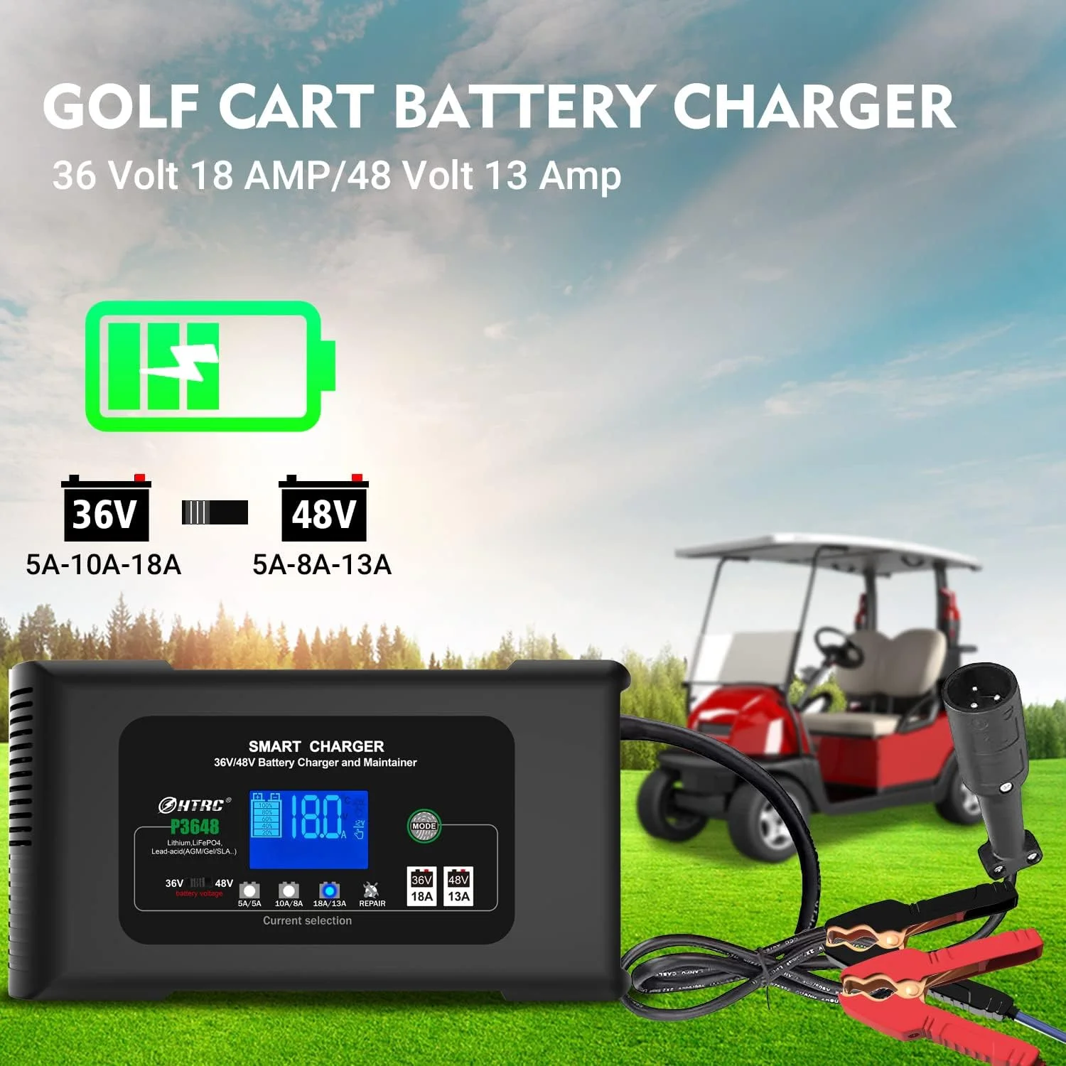 Golf cart Battery Charger, 48V 13A and 36V 18A Trickle Battery Charger,48 Volt cart Golf Charger,for 48 Volt Club Golf Car,Lithium,LiFePO4,Lead-Acid AGM/Gel/SLA..Battery Charger,3 Pin Round Plug - Curated Treasures Market