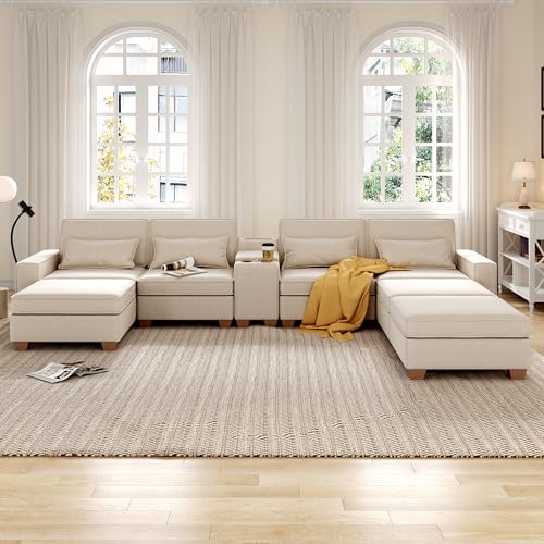 Modular Sectional Sofa, Convertible U Shaped Sofa Couch with Central Console & USB Ports, 7 Seat Modular Sectionals Couch with Chaise and Storage for Living Room, Light Grey