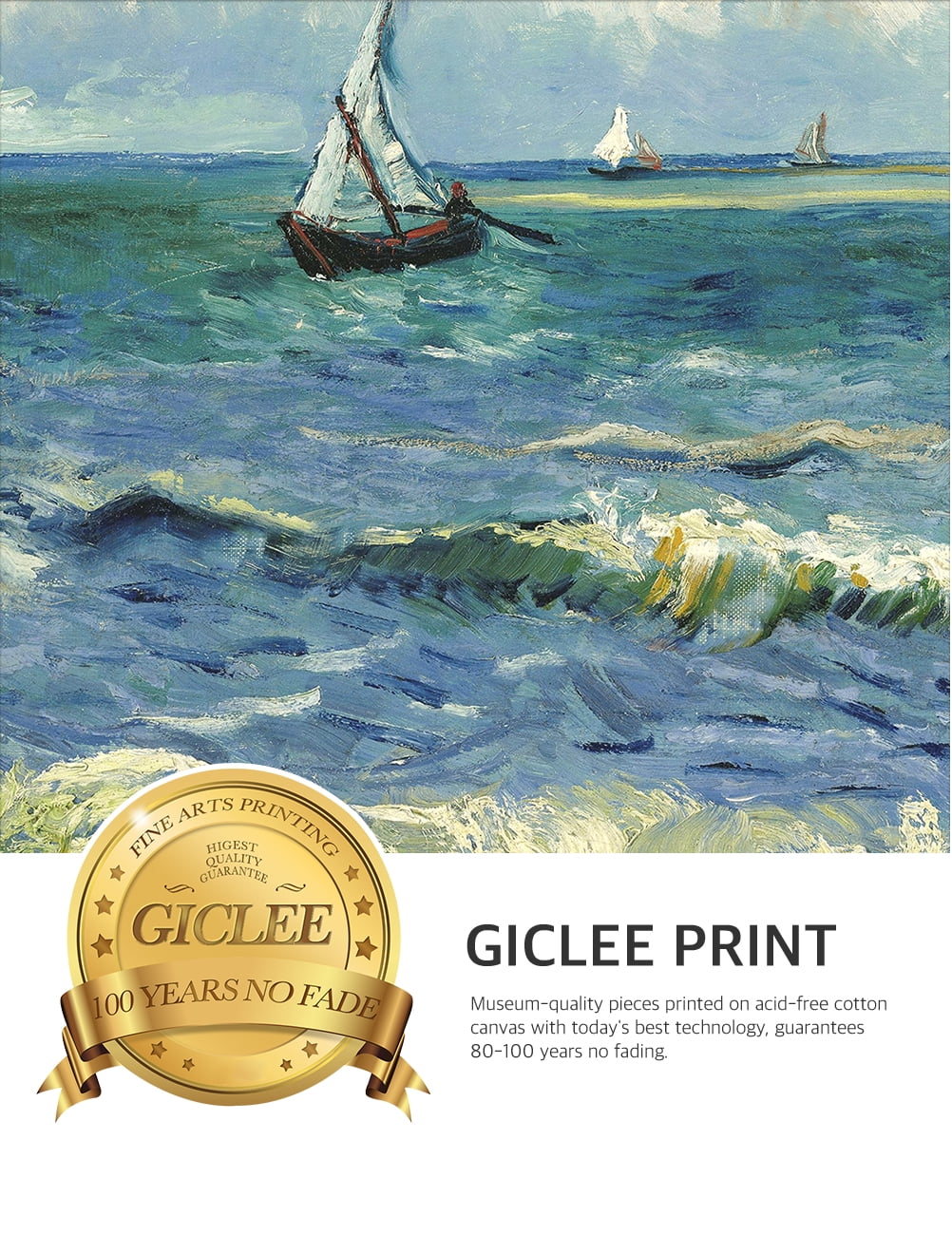 DECORARTS - The Sea at Les Saintes-Maries-de-la-Mer - Vincent Van Gogh. Giclee Print on Canvas with matching Golden-relief Framed Wall Art. Total with Framed size: 30x26