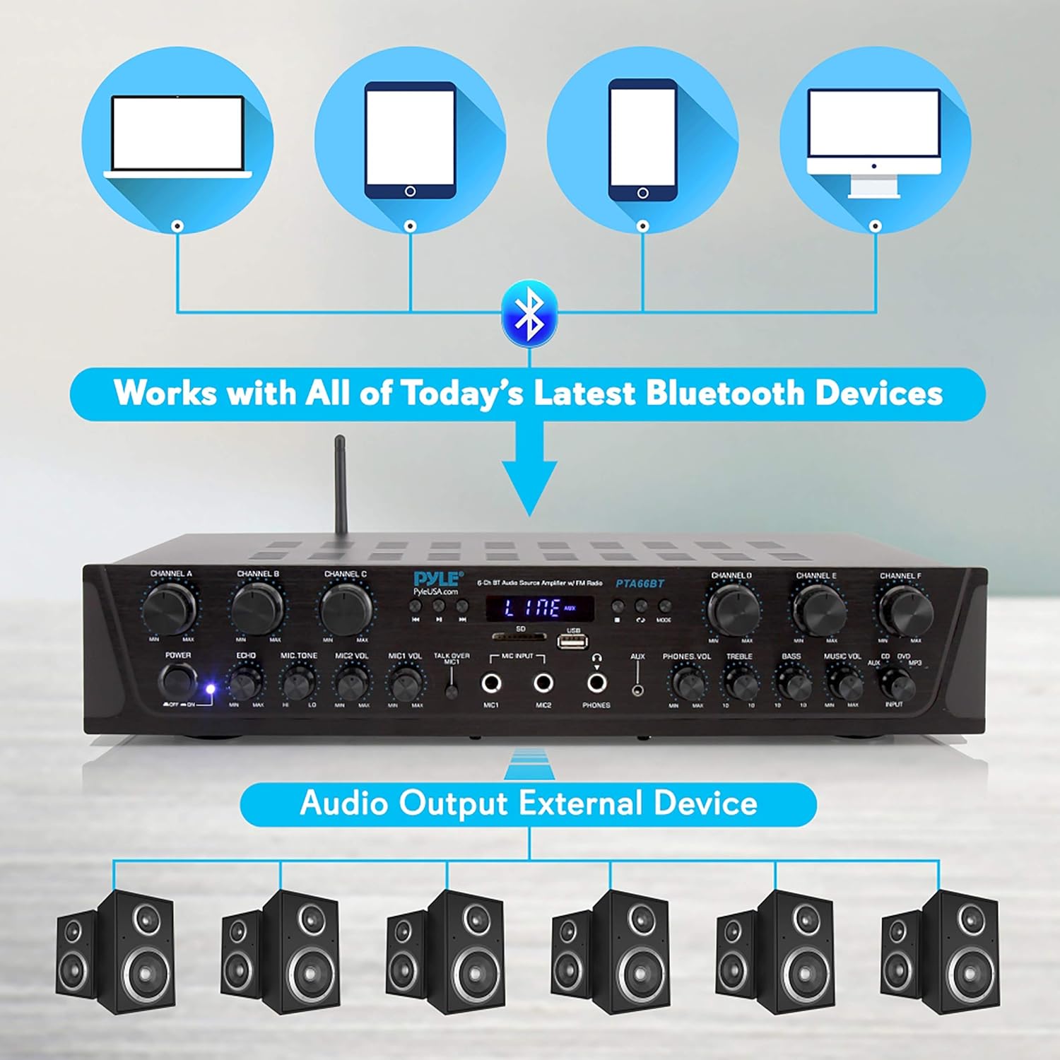 Wireless Home Audio Amplifier System-Bluetooth Compatible Sound Stereo Receiver Amp - 6 Channel 600Watt Power, Digital LCD, Headphone Jack, 1/4'' Microphone in USB SD AUX RCA FM Radio-Pyle PTA66BT.5