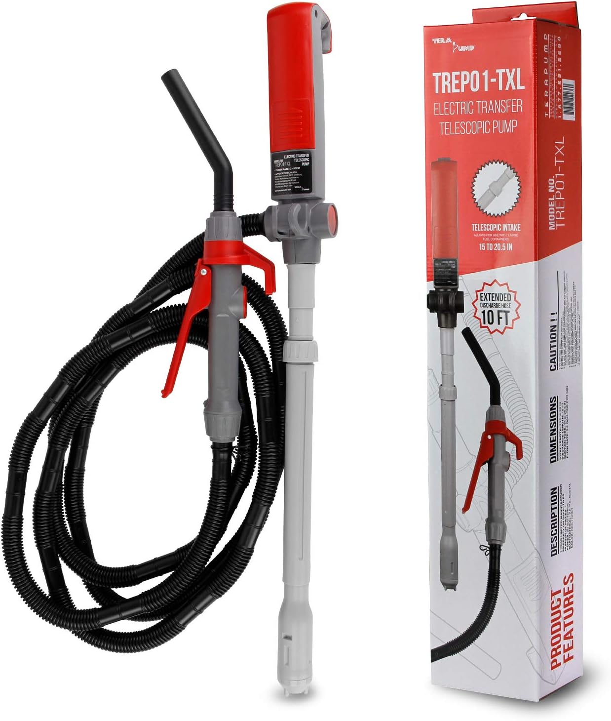TERA PUMP TREP01-TXL Multi-Purpose Battery Powered Fuel Liquid Transfer Pump - 10ft Extra Long Hose, Easy Flow Control, 9 liters per min Pack of 2