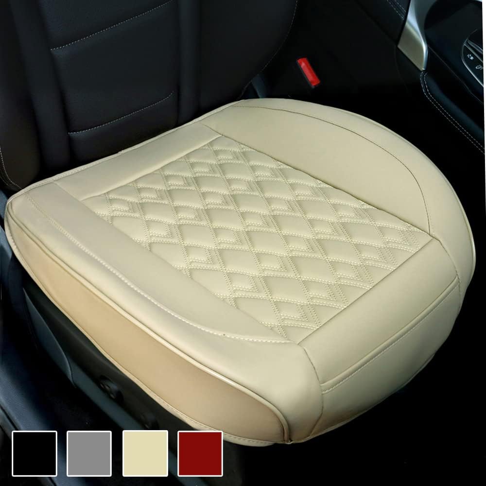 Rehakoo Car Seat Cover Protector Luxury PU Leather Front Bottom Car Seat Covers Works with 90% Vehicles (Sedan SUV Pickup Minivan) Anti-Slip, Full Wrapping Edge(Beige, 21.26 x 20.47Inches)