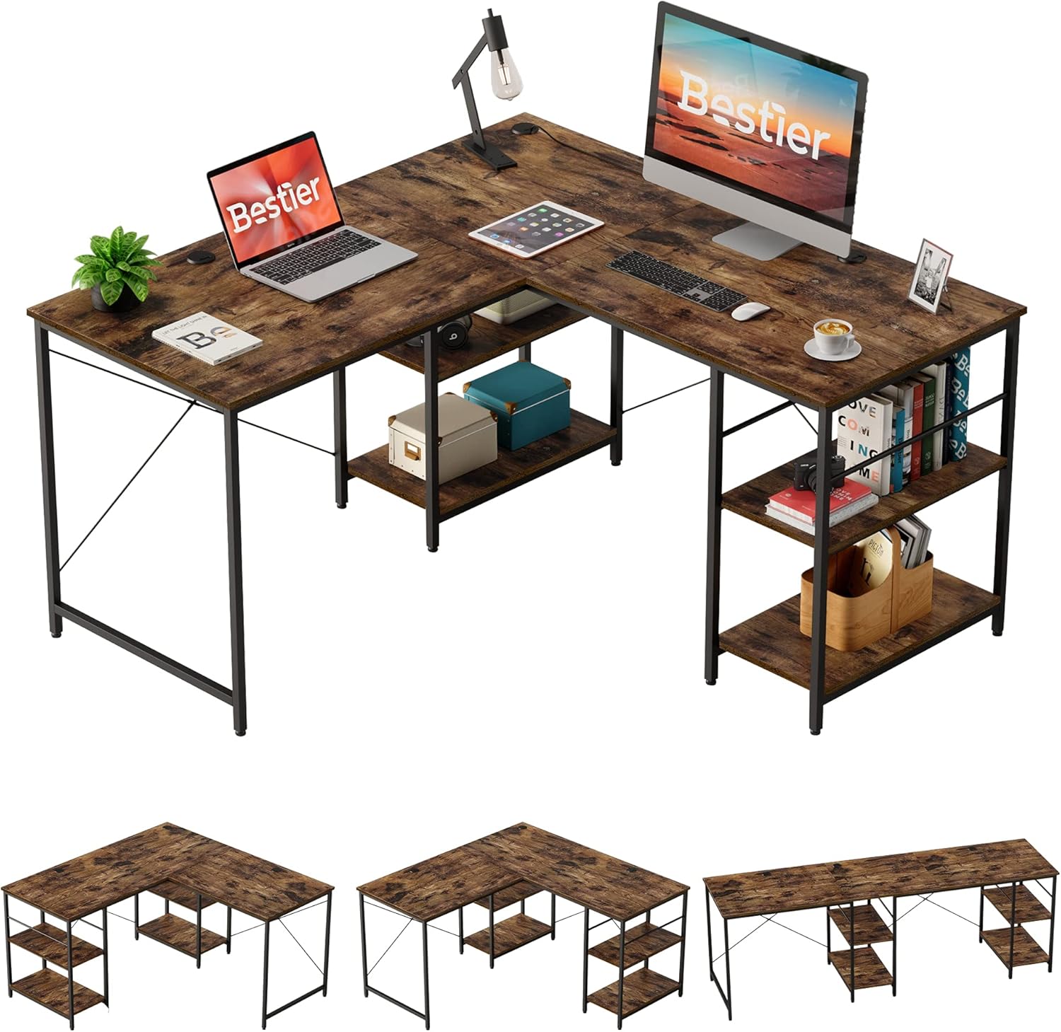 Bestier L Shaped Desk with Shelves 95.2 Inch Reversible Corner Computer Desk or 2 Person Long Table for Home Office Large Gaming Writing Storage Workstation P2 Board with 3 Cable Holes, Rustic Brown