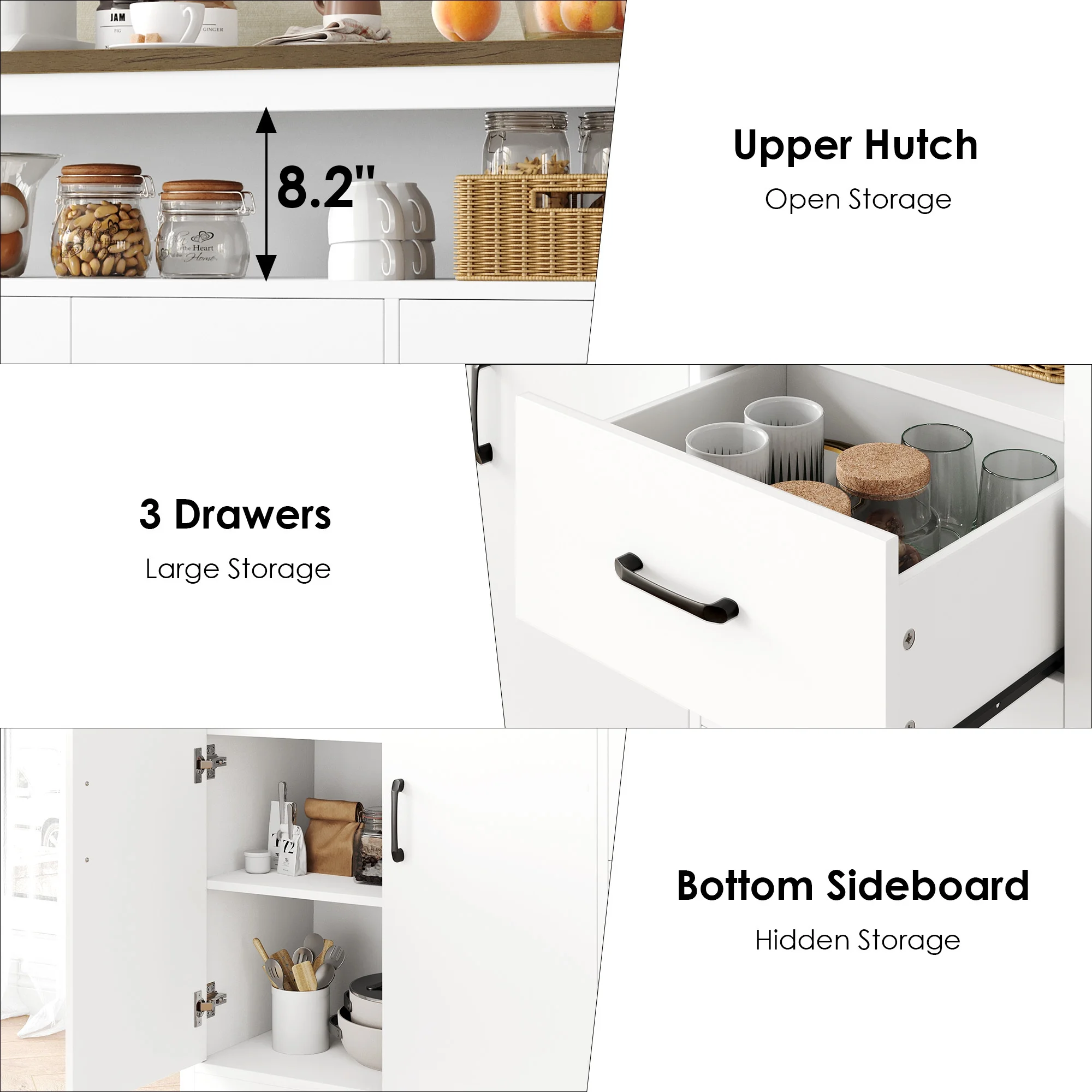 Homfa 47.2"W Kitchen Sideboard with Hutch, 3 Drawer Buffet Cabinet with 2 Doors for Dining Room, White - Curated Treasures Market
