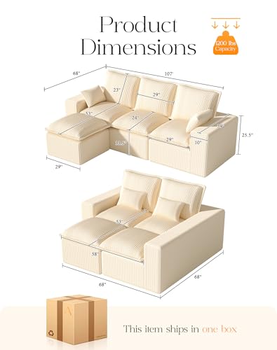107" Comfy Cloud Couch with L-Shape Chaise & Deep Seat, Modular Sectional Sofa in a Box, Boneless Upholstered Couches for Living Room, No Assembly Required (Soft Corduroy, Black)