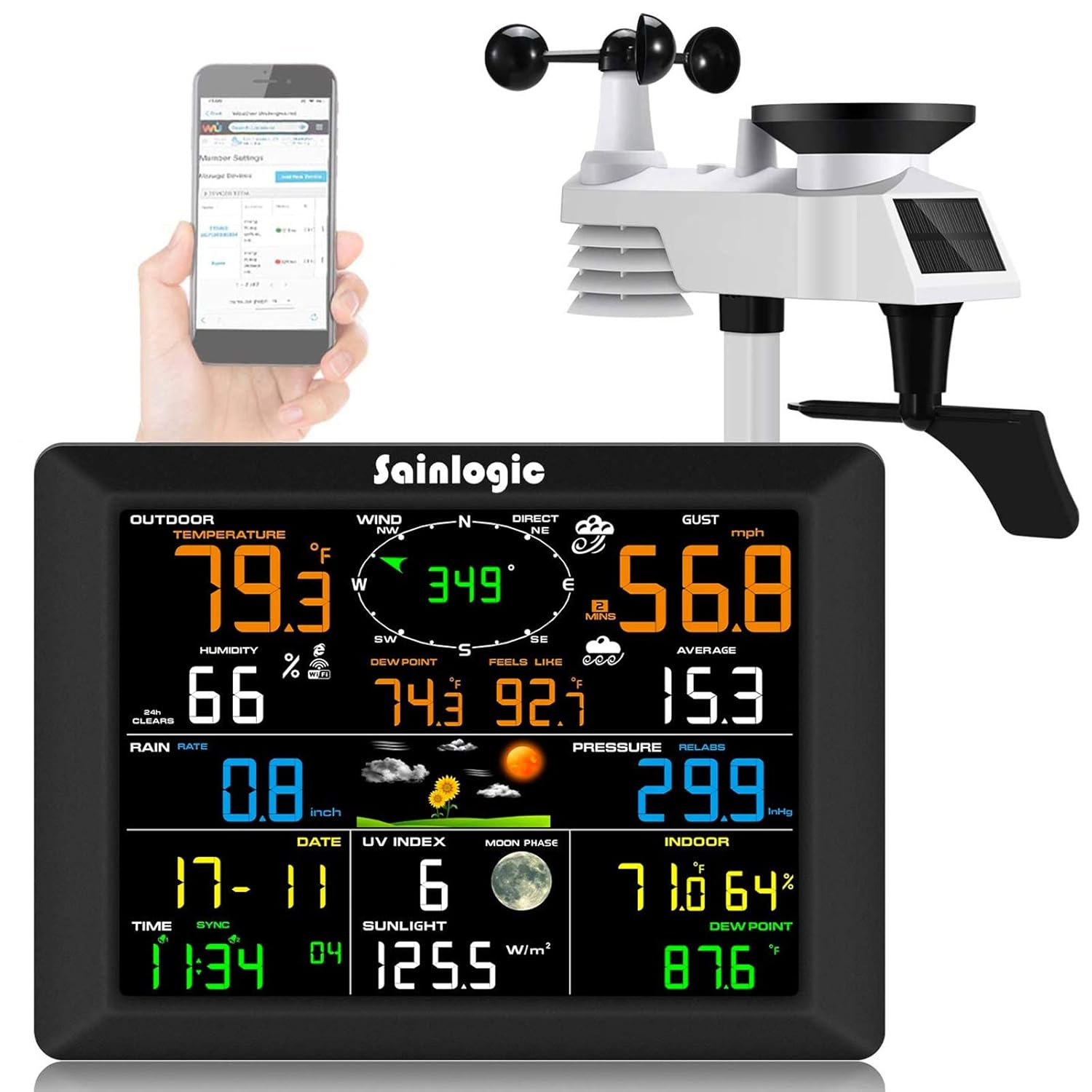 Sainlogic Professional WiFi Weather Station, Internet Wireless Weather Station with Outdoor Sensor, Rain Gauge, Weather Forecast, Wind Gauge, Wunderground (Black)