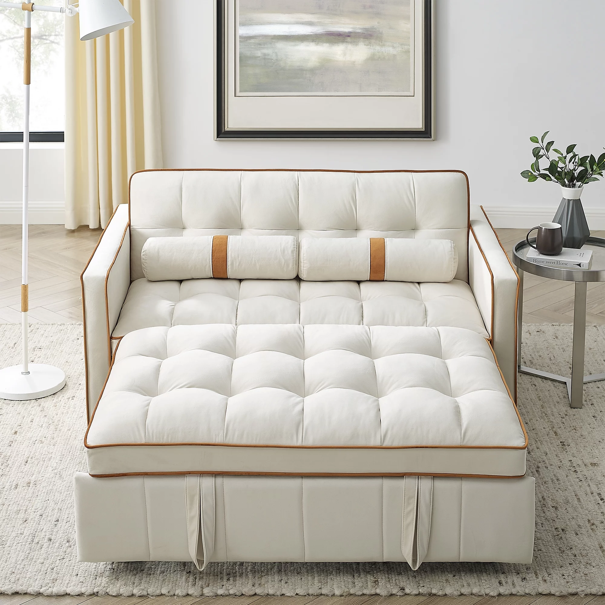 Ufurpie 55.5" Pull-Out Velvet Sofa Bed,Sleeper Sofa with Adjustable Backrest and Lumbar Pillows,2 Seater Loveseats Sofa Couch,for Living Room,Bedroom,Apartment,White