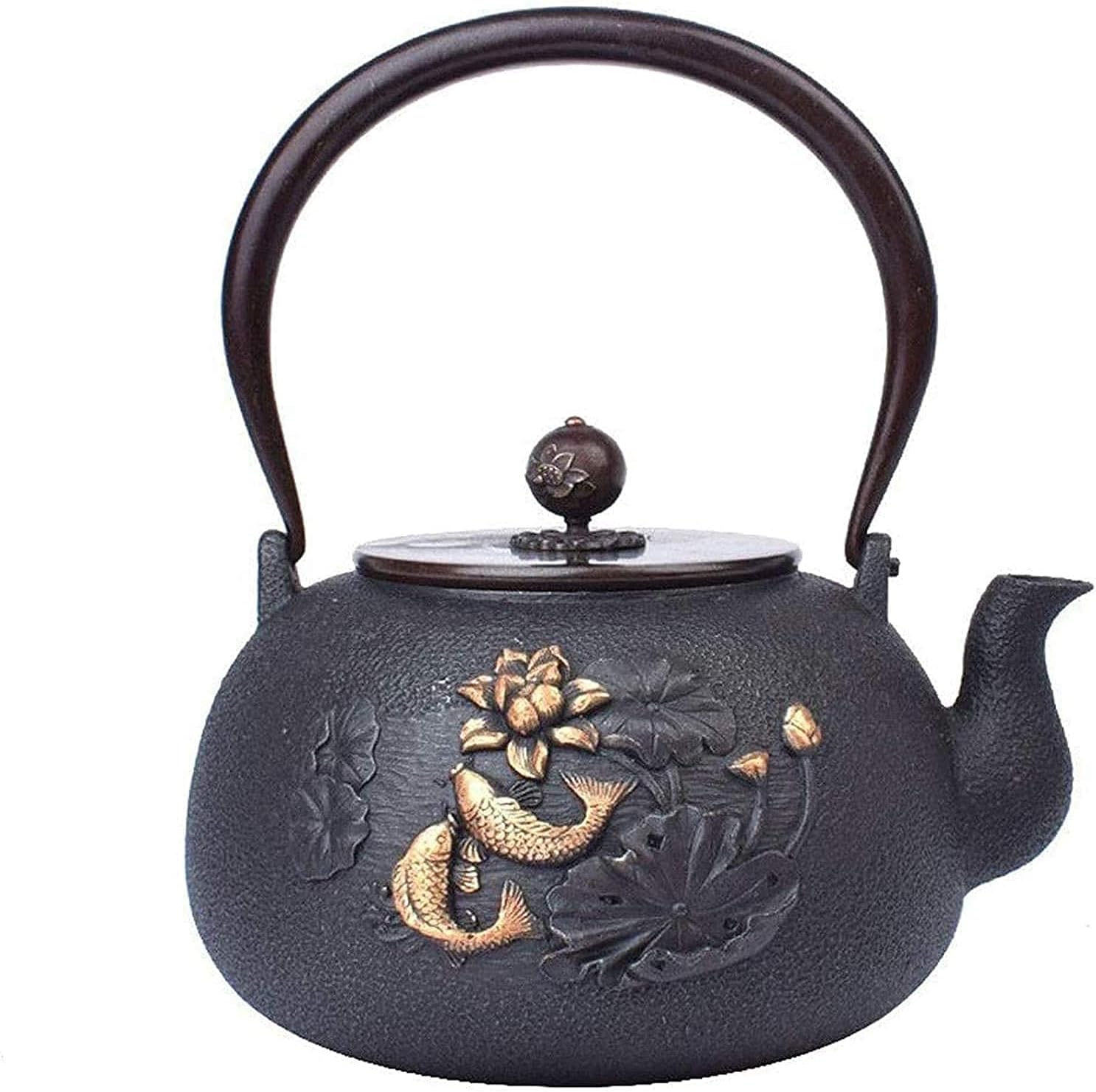 Japanese Style Cast Iron Teapot with Infuser 1200Ml Cast Iron Tea Kettle with Anti Rust Inner and Copper Lid Teapot for Electric Ceramic Stove As Gift Black Retro Teapot