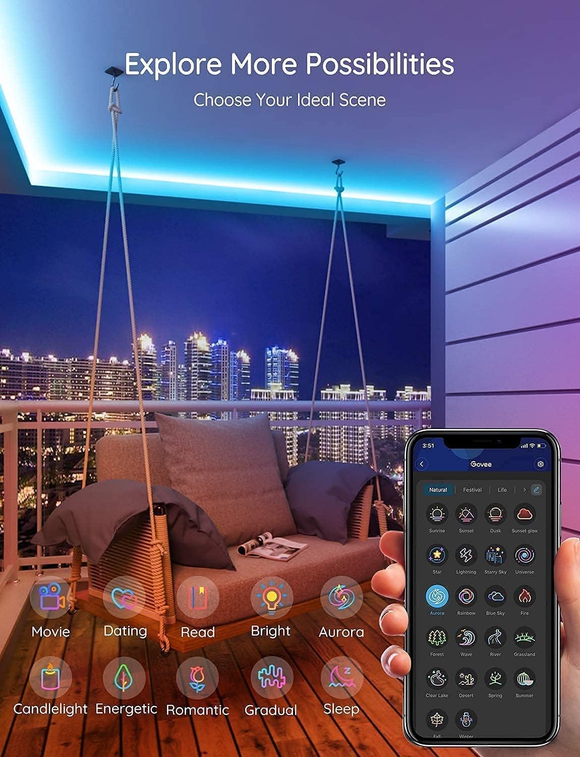 Govee Waterproof WiFi LED Strip Lights, 32.8ft Smart LED Lights Work with Alexa & Google Assistant, 64 Scene Modes, APP Control and Music Sync Lights for Bedroom, Party, TV, Eaves, 2 Rolls of 16.4ft Pack of 2