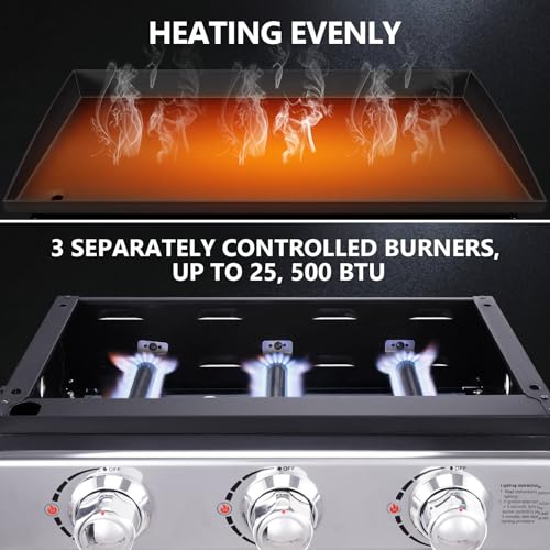 Cecarol 23in 3-Burner Propane Gas Griddle, 355 sq in, 25,500 BTU - For Outdoor, RV, Tailgating
