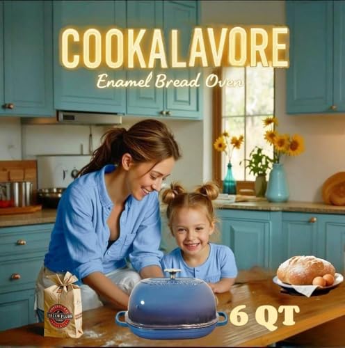 Cast Iron Dutch Oven,6 QT Bread Oven,Thick Enameled Loaf Pan with Lid,Bread Pans for Homemade Bread,14.5"Dutch Oven for Bread Baking,Loaf Pans-with Silicone Baking Mat&Recipe,Gifts for Family,Blue