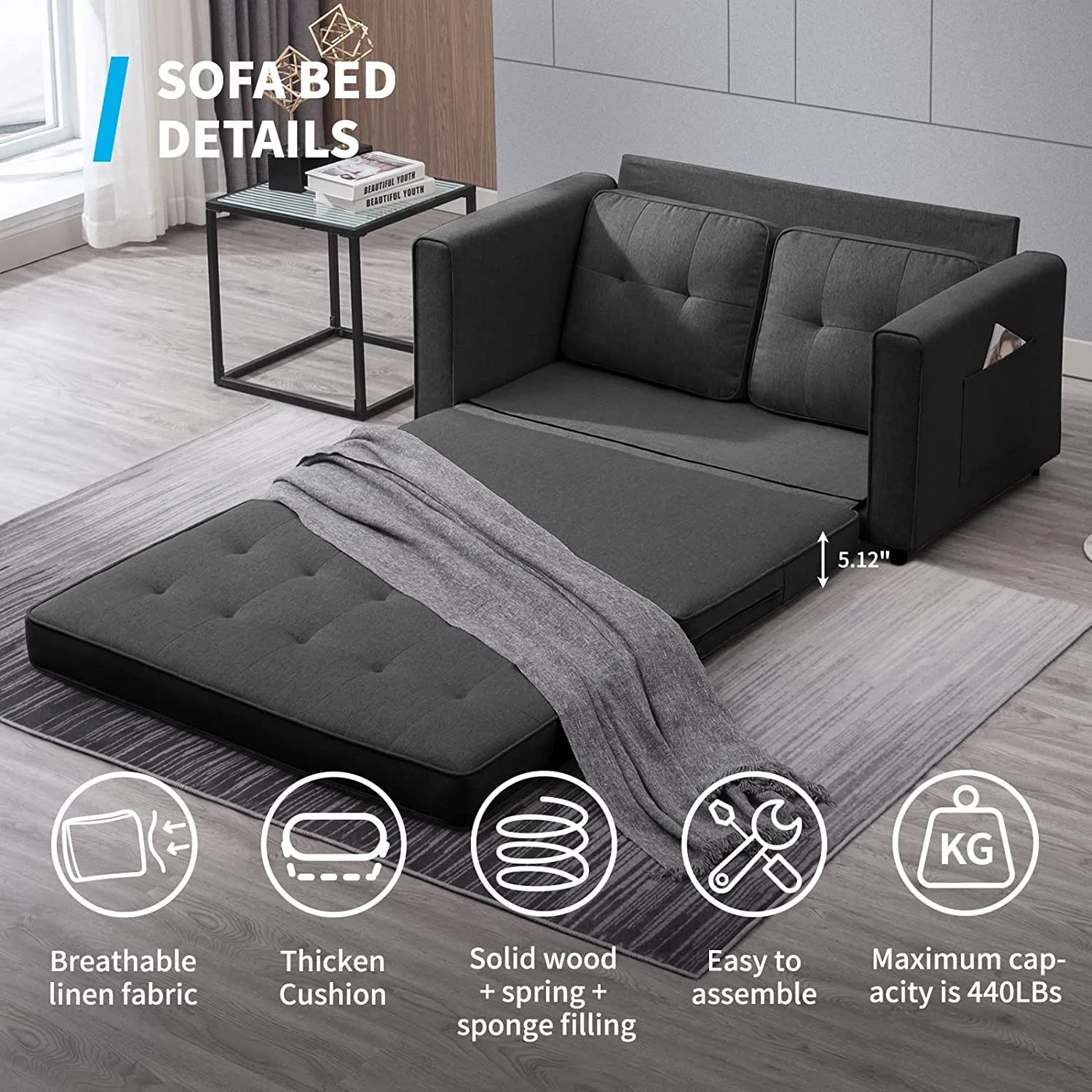 Mixoy 84"Modern 3-in-1 Loveseat Sleeper Sofa,Multi-Function Tri-Fold Fold Out Floor Sofa Bed Dark Grey - Curated Treasures Market