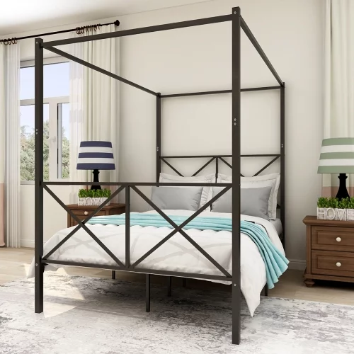 Metal Canopy Bed Frame 4-Post Canopy Full Size Bed Cozy Bedroom with Headboard and Footboard,Reinforced Lron Frame Bed with X Shaped Frame Full,Easy Assembly No Box Spring Needed (Black)