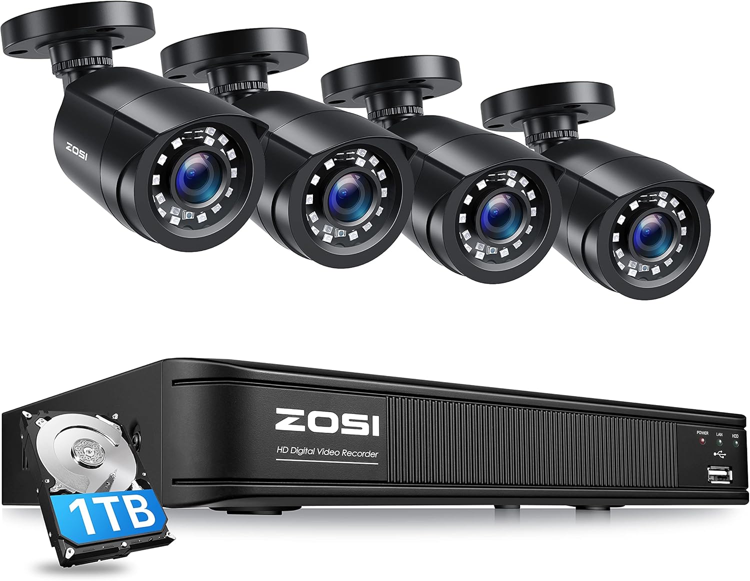 ZOSI H.265+1080p Home Security Camera System,8 Channel 5MP Lite Surveillance DVR with Hard Drive 1TB and 4 x 1080p Weatherproof CCTV Bullet Camera Outdoor Indoor with 80ft Night Vision, Motion Alerts