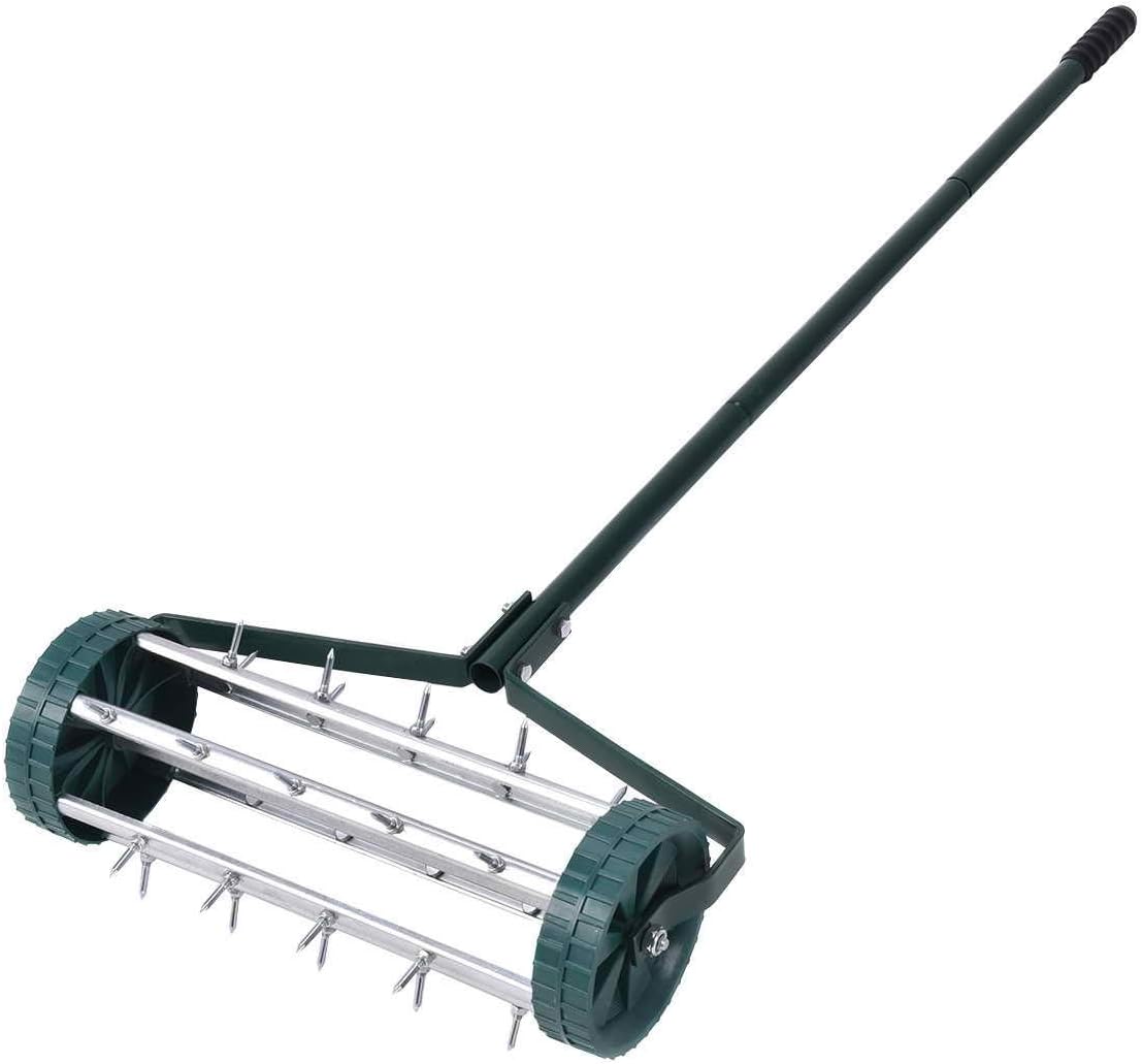 Goplus Rolling Lawn Aerator 18-inch Garden Yard Rotary Push Tine Heavy Duty Spike Soil Aeration, 40.5-in Handle (Silver) Pack of 2