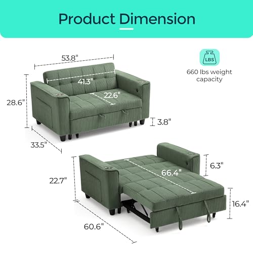 LINSY 3-in-1 Convertible Sofa Bed, 54" Pull Out Sleeper Sofa with Charging Station & Cup Holder, Small Folding Loveseat with Side Pocket for Small Space, Corduroy Couch, Green