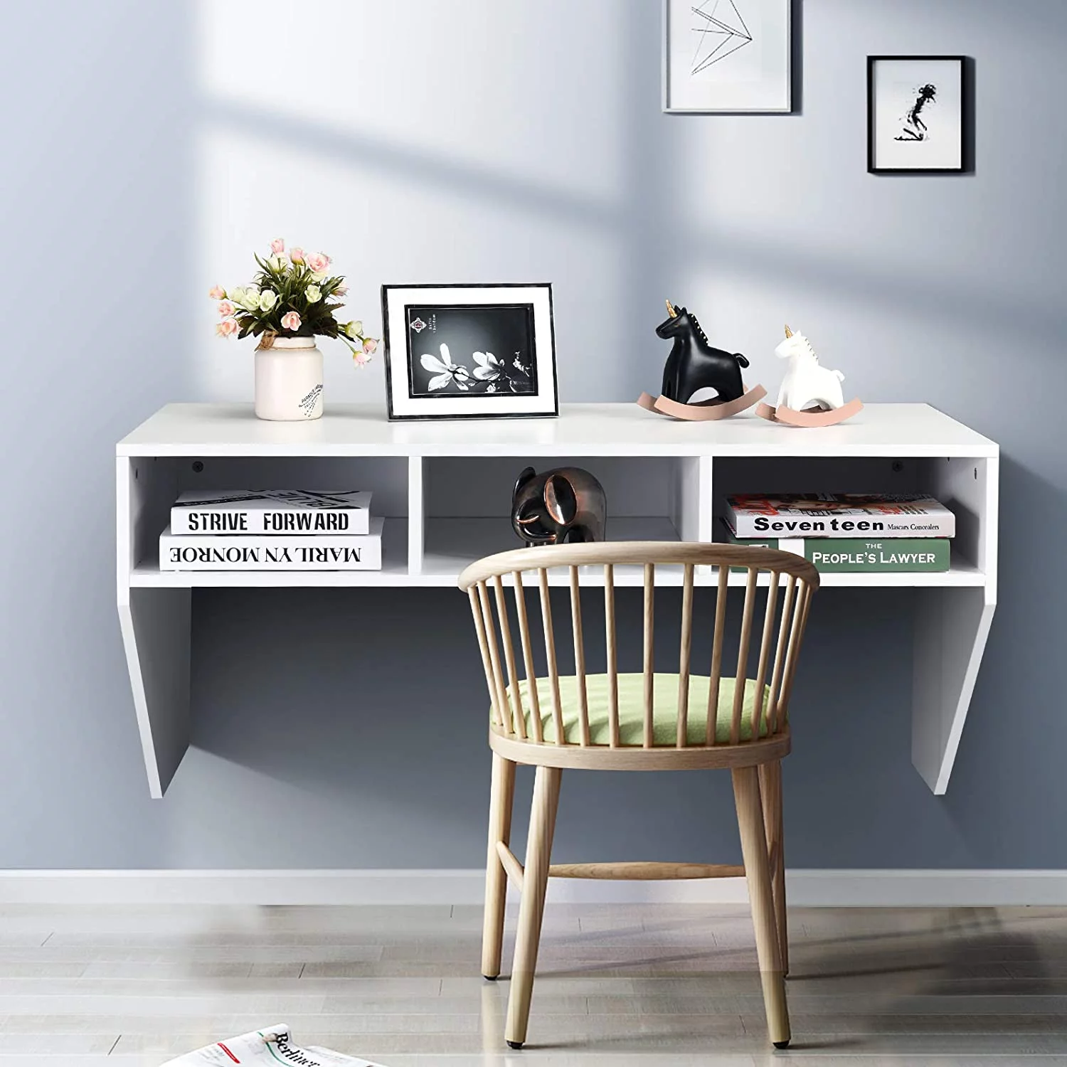 Wall Mounted Desk Floating Computer Desk, Writing Study Table W/3 Storage Shelves, Laptop PC Table for Living Room, Bedroom, Office (Black)