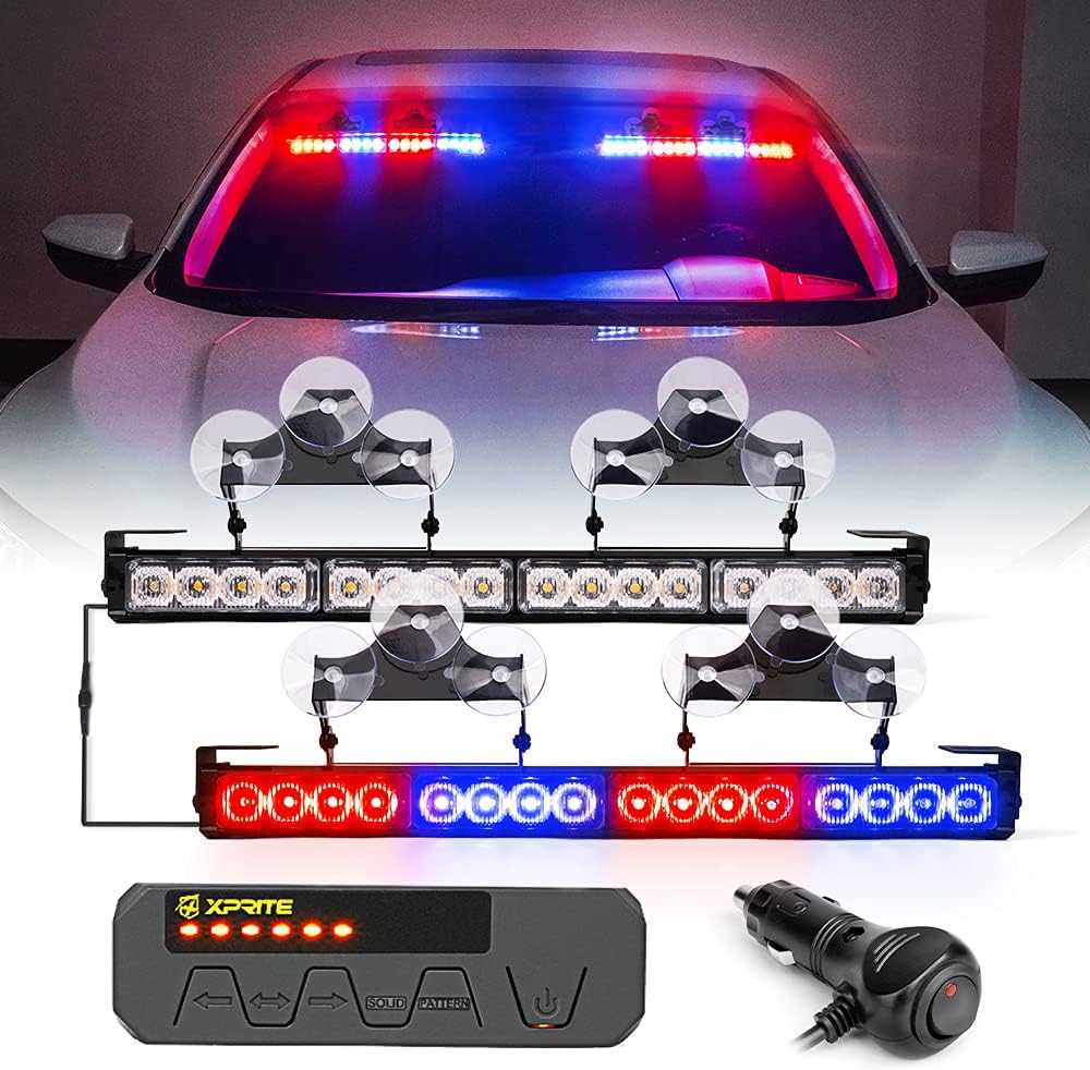 Xprite Emergency Traffic Advisor Strobe Dual Light Bar, White Amber LED Interior Windshield Visor Deck Safety Hazard Warning Caution Flashing Lightbars w/Control Box, for Construction Vehicles Trucks Pack of 2