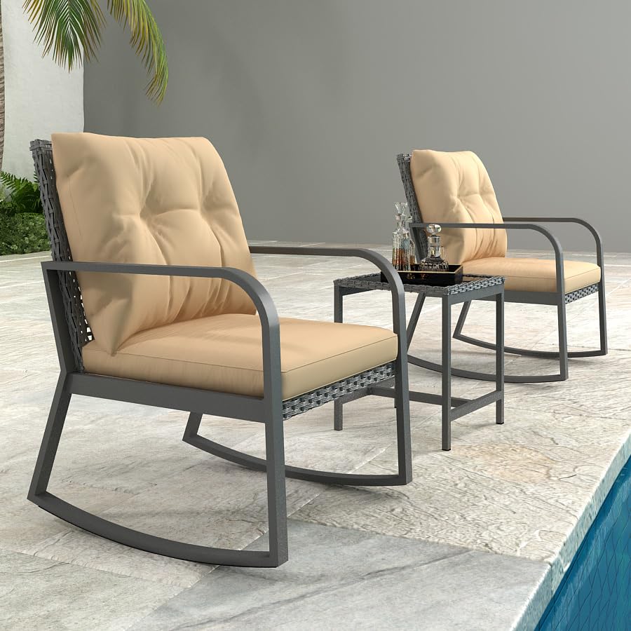 3 Piece Rocking Bistro Patio Set, Outdoor Rocking Chair, Outdoor Bistro Sets Wicker Patio Furniture Rocking Chairs Sectional Couch with Tempered Glass Top Coffee Table & Cushions, Dark Blue