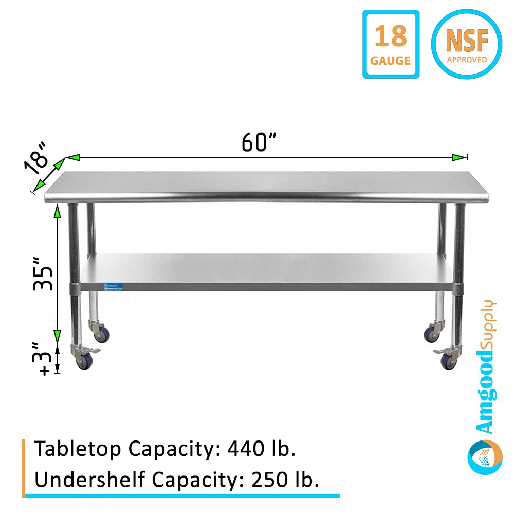 AmGood 18 x 48 Stainless Steel Work Table with Casters | Heavy Duty Metal Utility Table On Wheels | Kitchen Island Cart