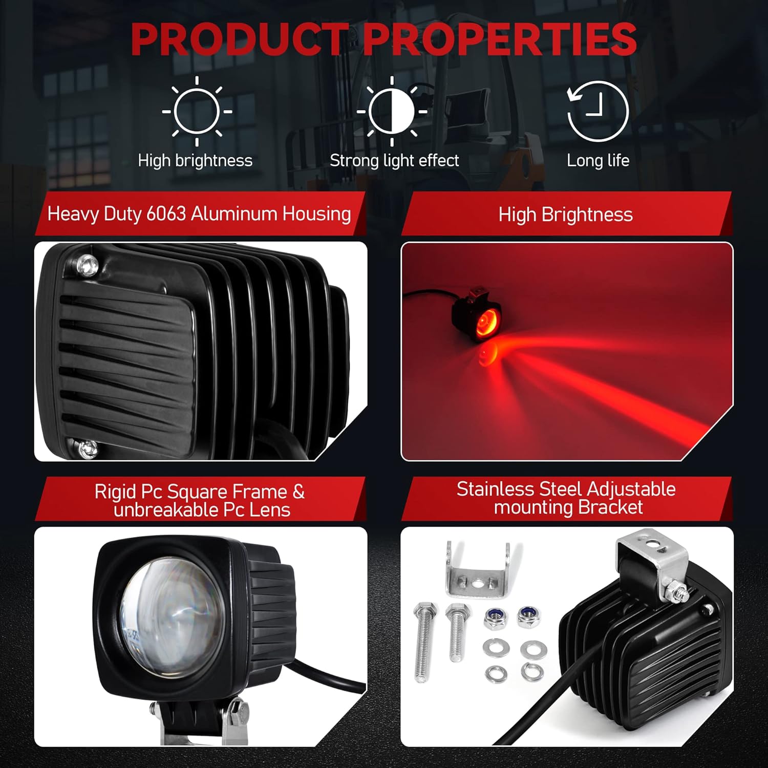(Upgrade) LED Forklift Safety Lights Red DC 12- 100V Forklift Backup Lights 10W Warehouse Pedestrian Warning Spot Lights Pack of 2