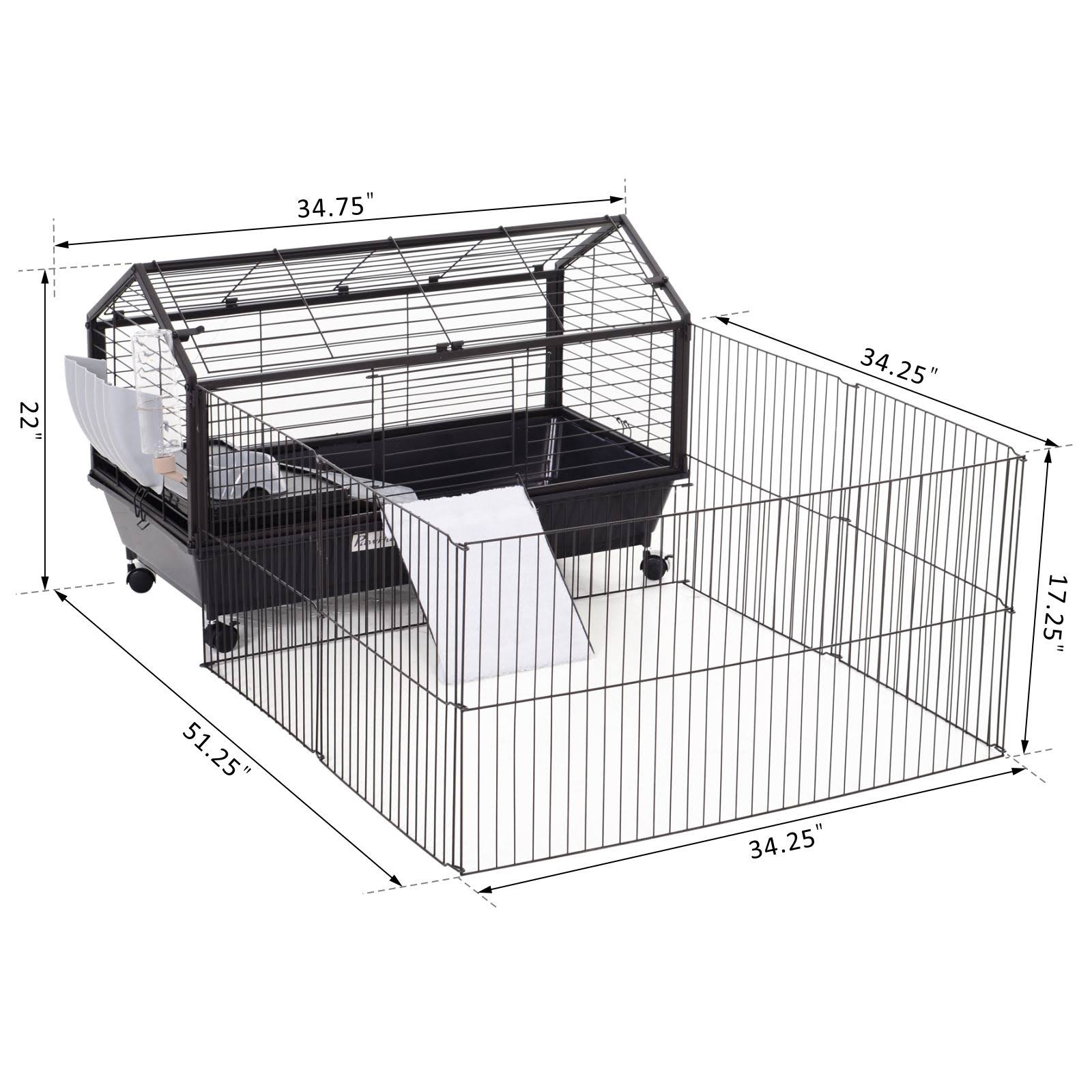 Pawhut Rolling Metal Rabbit Guinea Pig or Small Animal Hutch Cage with Main House and Run 35x22 L