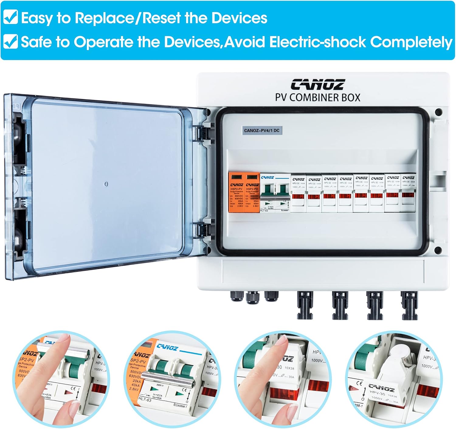 CANOZ-PV4/1 PV Combiner Box, 4 String, with 15A Rated Current Fuse, 63A Circuit Breaker, 2.8KV Surge/Lightning Protector Arrester and MC4 Solar Connectors for On/Off Grid Solar Panel System.