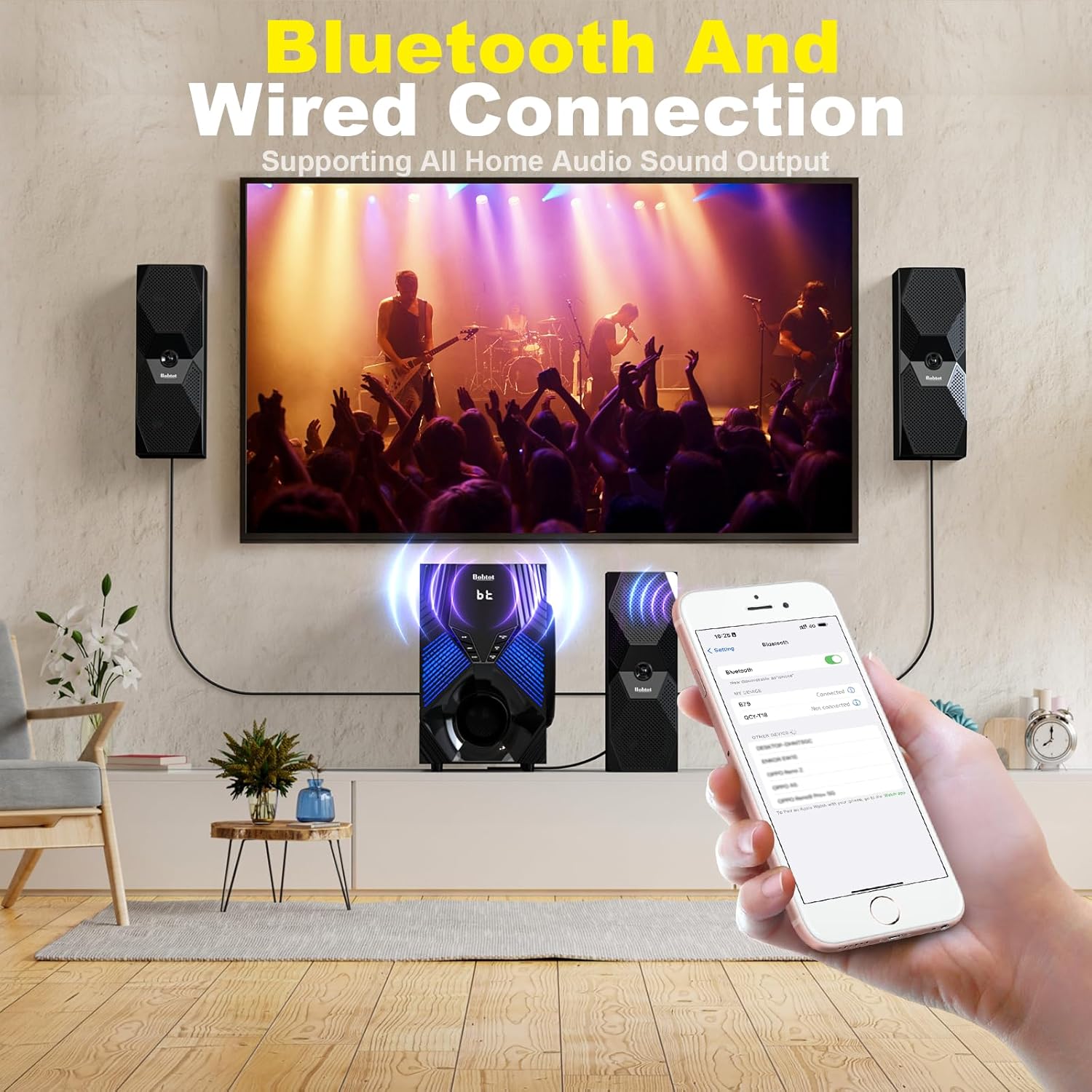 Bobtot Home Theater Systems Surround Sound System for TV - 1000W 8" Subwoofer with Bluetooth HDMI Optical AUX COA Input RGB Lights Deep Bass 5.1/2.1 Stereo Sound Wired Satellite Speakers