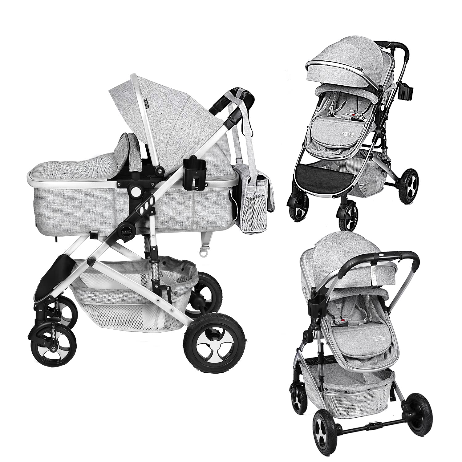 Kinder King 2 in 1 Convertible Baby Stroller, Folding High Landscape Infant Carriage, Newborn Reversible Bassinet Pram, Adjustable Canopy, Diaper Bag, Anti-Shock Toddler Pushchair Stroller, Dark Grey