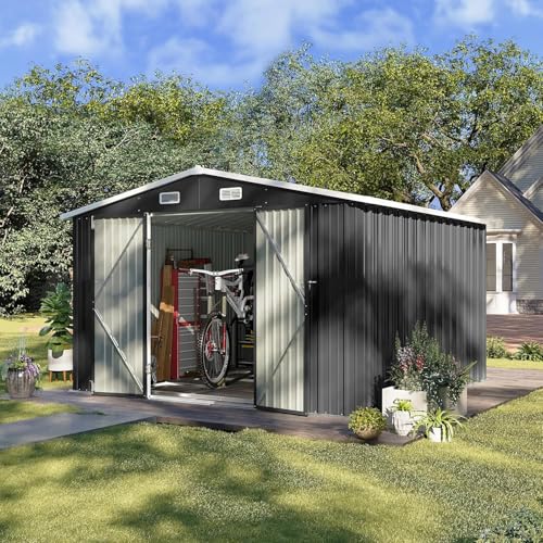 Aoxun 10 x 12FT Outdoor Storage Shed with Double Hinged Large Door Utility Garden Shed with Lockable Door & Sloped Roof Metal Sheds Outdoor Storage for Garden, Backyard, Patio and Backyard, Brown
