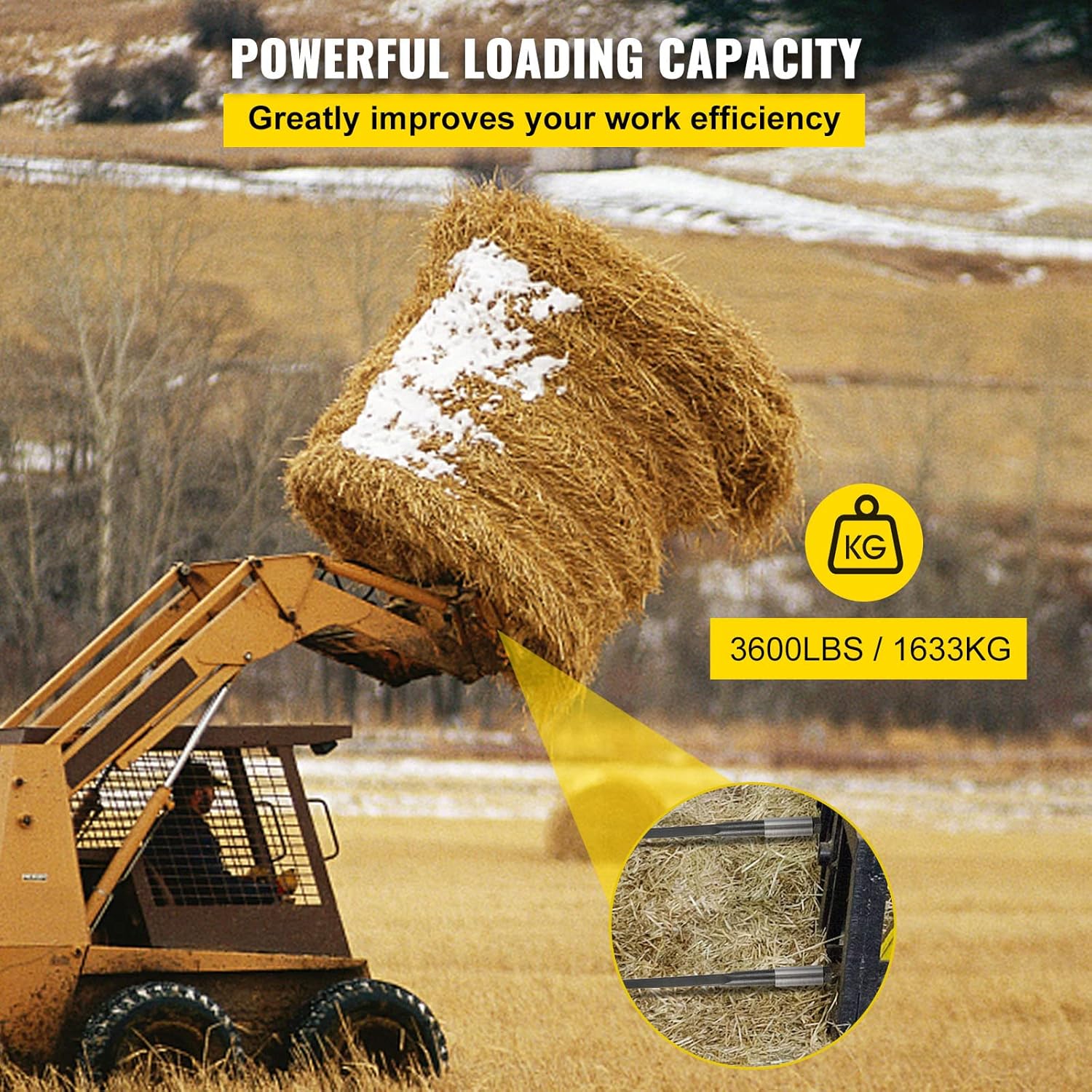 VEVOR Hay Bale Spear 39 inches 3600 lbs Capacity 1 3/4 inches Wide with Nut and Sleeve